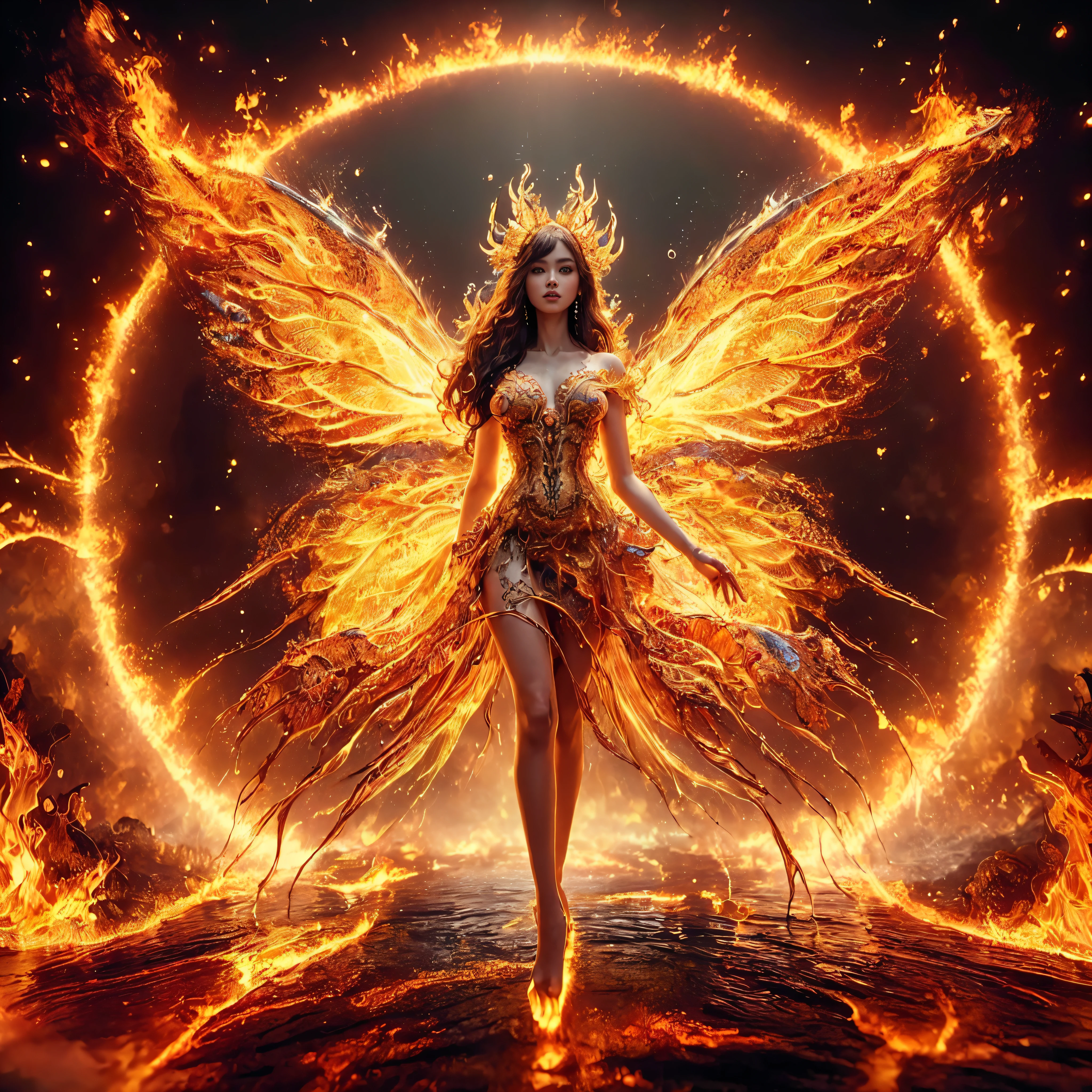puffy woman with giant breast,wearing a dress formed of fire, wearing an ornated outfit, ornated dress, intricate dress, elegant fire dress, ornated and elegant, extravagant dress, inspired by Hedi Xandt, ornated attire, complex outfit, ornated royal gown, ornated clothing, ornated gown, complex and elegant, detailed and intricate dress, ornated , high-heels, royal dress, detailed hand, fire in the body, water on dress, lightning element, Fire element, lightning wings,full water,clothing transparent, work of art, best qualityer:1.2),,(8k,high resolution,CRU photo,realisitic,photo-realisitic:1.3),(detailed skin texture,detailed cloth texture,detailed water, texture, beautifull detailed face:1.25),professional lighting,photon mapping,beautiful soft light,radiosity,Physically based rendering,ray tracing, model shooting style, model shooting style, (extremely detailed CG unity 8k wallpaper), foto completa do corpo da work of art mais bonita do mundo, (NSFW), (Kale), (Kale), (Nipple botch)
