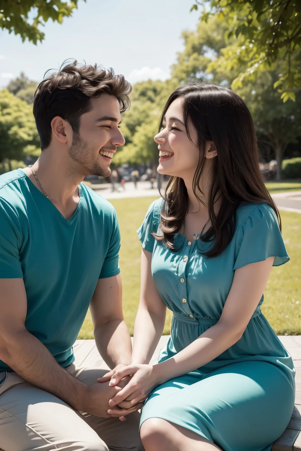"A happy young couple is sitting in a sunny park. They are holding hands, with broad smiles on their faces, looking at each other tenderly. Ao fundo, there are green trees and colorful flowers, with a clear blue sky above. The woman is wearing a light summer dress and the man is wearing a casual shirt. The environment is softly lit, highlighting the joy and connection between them. Both are relaxed and seem to be thoroughly enjoying the moment together.."