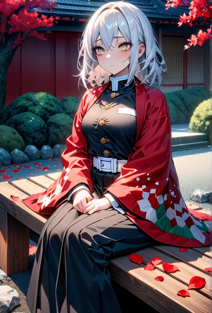 Ultra detailed, high resolution, absurd, HDR, masterpiece, anime girl, beautiful woman, long white hair with red streaks, expressive yellow eyes, red haori, black demon slayer uniform, wearing black pants,Kimetsu No Yaiba, fantasy , petals, red flowers, beautiful, woman sitting alone on a wooden bench, alone, afternoon, sun, forest next to a Japanese house, best quality, extremely detailed face and eyes, expressionless, apathetic, deep dark circles under the eyes of someone who hasn't slept, eyes without life