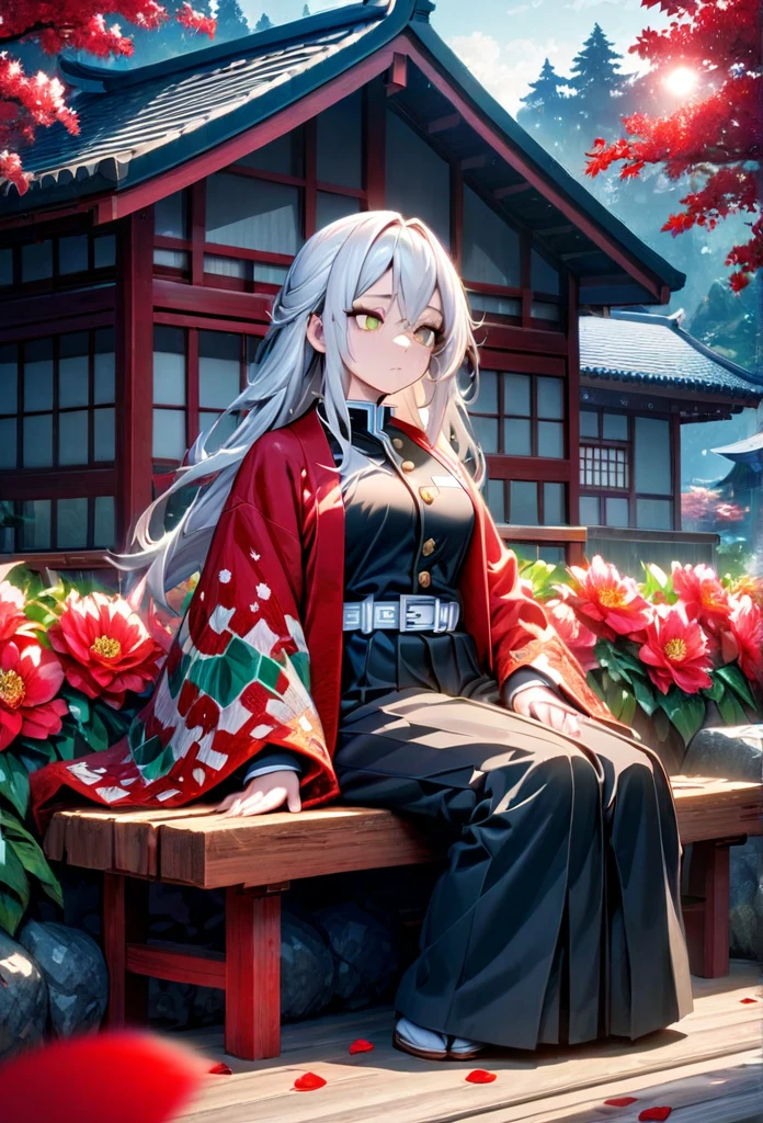 Ultra detailed, high resolution, absurd, HDR, masterpiece, anime girl, beautiful woman, long white hair with red streaks, expressive yellow eyes, red haori, black demon slayer uniform, wearing black pants,Kimetsu No Yaiba, fantasy , petals, red flowers, beautiful, woman sitting alone on a wooden bench, alone, afternoon, sun, forest next to a Japanese house, best quality, extremely detailed face and eyes, expressionless, apathetic, deep dark circles under the eyes of someone who hasn't slept, eyes without life