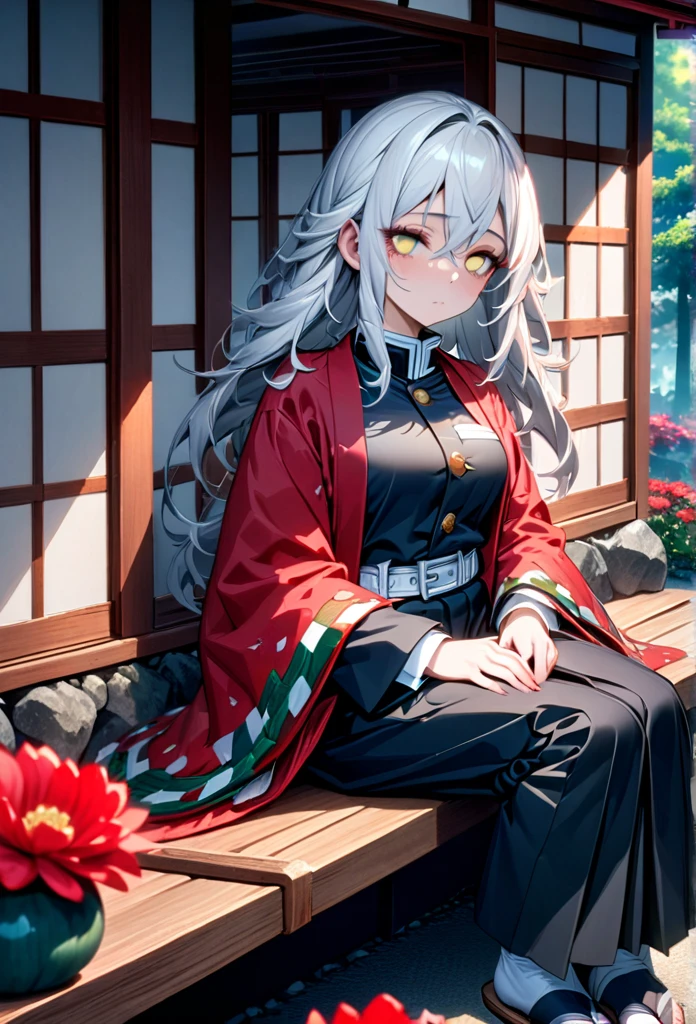 Ultra detailed, high resolution, absurd, HDR, masterpiece, anime girl, beautiful woman, long white hair with red streaks, expressive yellow eyes, red haori, black demon slayer uniform, wearing black pants,Kimetsu No Yaiba, fantasy , petals, red flowers, beautiful, woman sitting alone on a wooden bench, alone, afternoon, sun, forest next to a Japanese house, best quality, extremely detailed face and eyes, expressionless, apathetic, deep dark circles under the eyes of someone who hasn't slept, eyes without life
