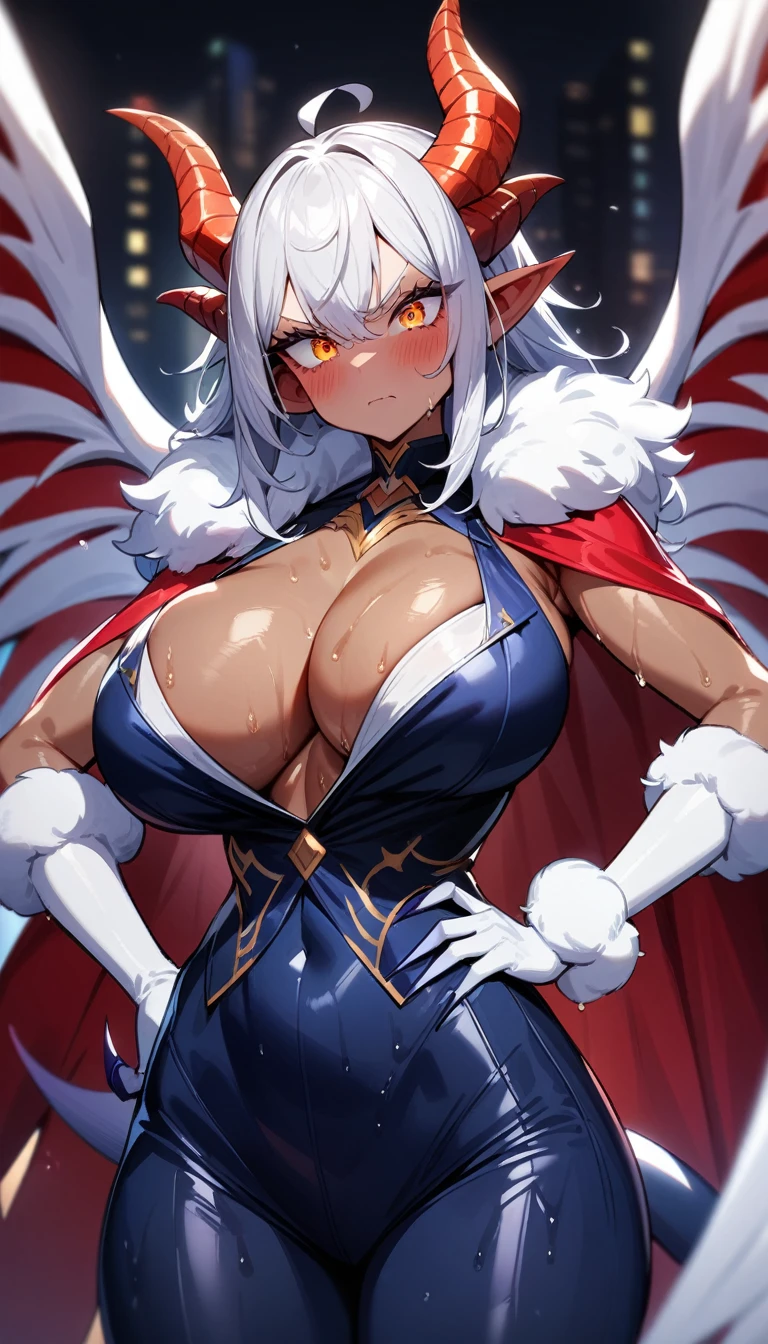 1girl,solo,super detailed skin,shiny skin, disgust,looking down,open mouth ,majestic wings,majestic devil tail,demon skin,multicolored skin,detailed eyes,eyelashes,lips gloss,small claws,hand on hip,majestic horns ,large breasts,beautifully shaped breasts, (fluffy body hair:1.1) ,vibrant colors,standing, ,night ruins,masterpiece,best quality,ultra detailed,high resolution,sharp focus,depth of field,