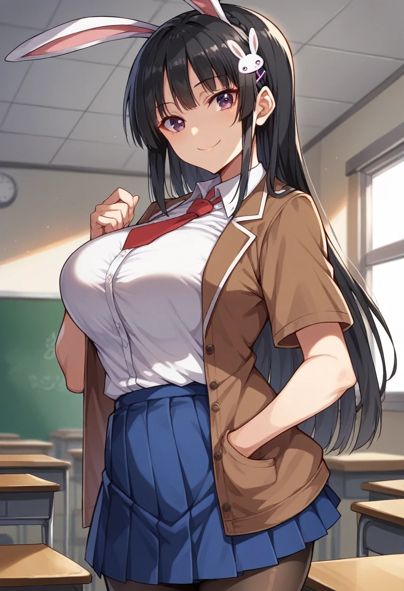 maisakurajima, sakurajima mai, long hair, bangs, (black hair:1.5), hair ornament, (purple eyes:1.1), hairclip, rabbit hair ornament, smile,
BREAK skirt, shirt, , white shirt, short sleeves, pantyhose, pleated skirt, collared shirt, blue skirt, black pantyhose, red necktie, jacket, (brown jacket:1.5),
BREAK indoors, classroom,
BREAK looking at viewer, (cowboy shot:1.5), 
BREAK (masterpiece:1.2), best quality, high resolution, unity 8k wallpaper, (illustration:0.8), (beautiful detailed eyes:1.6), extremely detailed face, perfect lighting, extremely detailed CG, (perfect hands, perfect anatomy), (large breasts:1.6), partial_blueberry_inflation