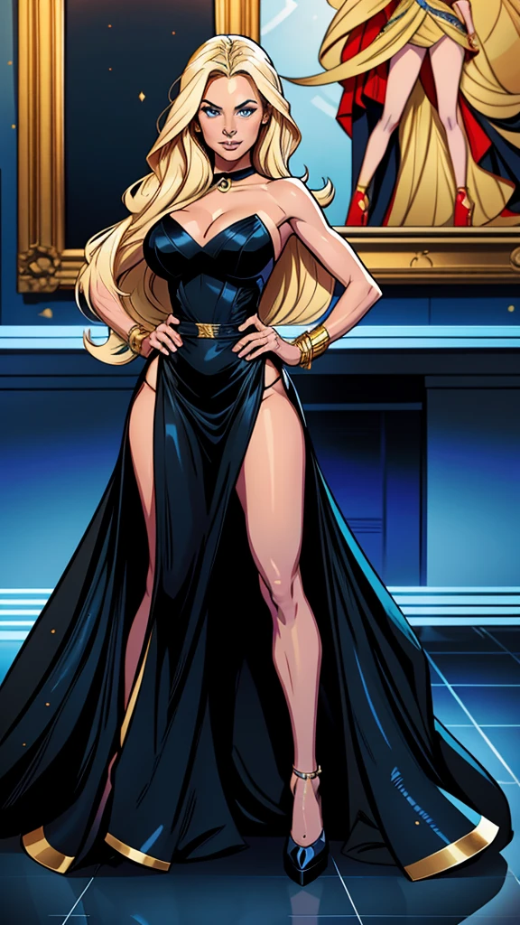 .21 year old woman , long straight blonde hair, bright and expressive blue eyes, she opted for an elegant black dress. loot, busty. comic style. quadrinhos da marvel