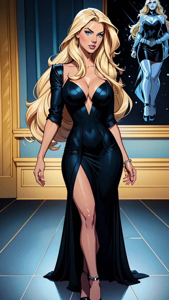 .21 year old woman , long straight blonde hair, bright and expressive blue eyes, she opted for an elegant black dress. loot, busty. comic style. quadrinhos da marvel