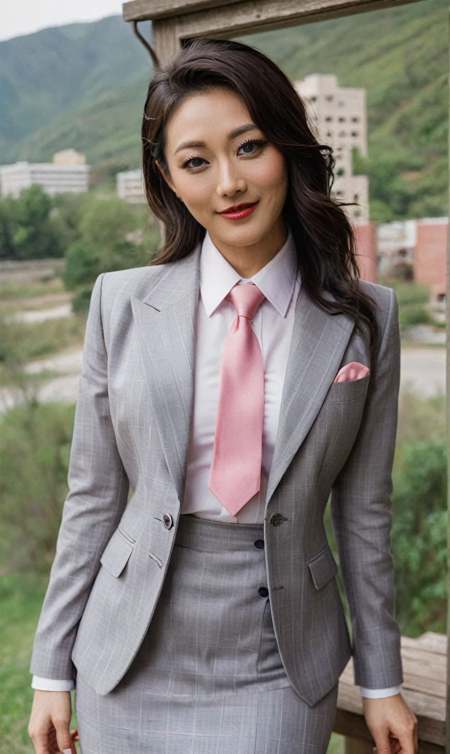 a beautiful picture of fukuharaXL ,woman,detailed skin texture,masterpiece, photorealistic, light, RAW color photo,(fully in frame:1.1), (blush:0.5), (goosebumps:0.5),(((light grey plaid silk skirt suit))), (((three-piece suit))), (((pink dress shirt with white collar))), contrast shirt collar, (((pink necktie))), (((blazer))), (((suit jacket))), (((waistcoat))), double-breasted waistcoat, (((bodycon miniskirt))), pocket square, cufflinks, tie clip,detailed face,outdoors, (smile:0.5), film grain,cinematic lightning,fujifilm ,detailed eyes,camera, smile, office background, hair down, makeup, lipstick, mascara, eyeliner, eyeshadow, silky glossy hair, high heels, pinup pose