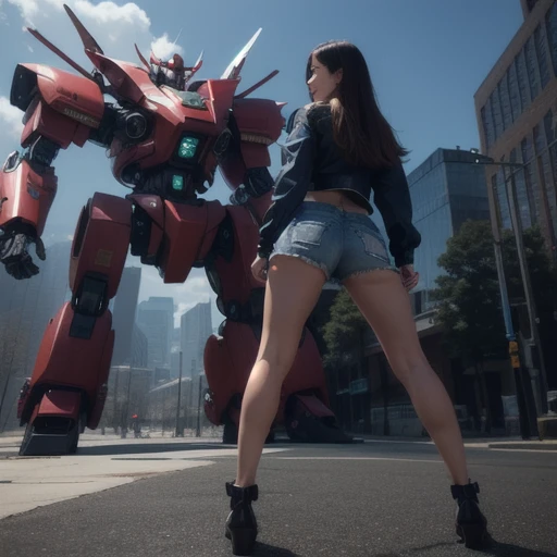 a photo of a beautiful woman wearing daisy dukes, posing bent over on a mecha, hd shot, perfect movie shot, waist - shot from behind, full scene shot, badass pose, robot mecha