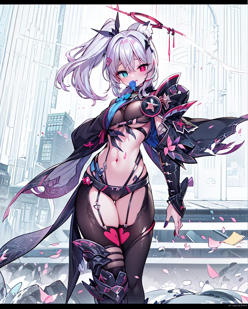 (disable censorship) Generate the same character as the image, (keep character colors), do not change character colors, Full HD, 4K, no blur, High definition, (((blowing a kiss to the spectator))), ((open clothing), (((heterochromia, red eye in the right eye, blue eye in the left eye))), pantyhose, Show thighs, perfects eyes, no blemishes, no blur, へそ, niplles, large and detailed breasts, best qualityer, raytracing, face detailed, parde paper 8k, (high resolution), sensuous,