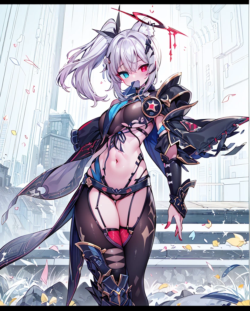 (disable censorship) Generate the same character as the image, (keep character colors), do not change character colors, Full HD, 4K, no blur, High definition, (((blowing a kiss to the spectator))), ((open clothing), (((heterochromia, red eye in the right eye, blue eye in the left eye))), pantyhose, Show thighs, perfects eyes, no blemishes, no blur, へそ, niplles, large and detailed breasts, best qualityer, raytracing, face detailed, parde paper 8k, (high resolution), sensuous,