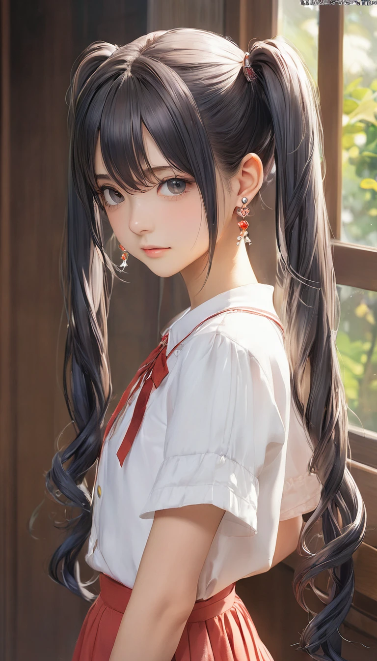 (masterpiece, Highest quality:1.2), One girl, alone,bony body、15 years old、Twin tails、Earrings