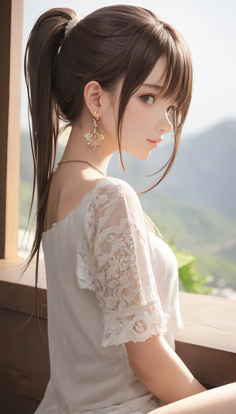 (masterpiece, Highest quality:1.2), One girl, alone,bony body、15 years old、ponytail、Earrings