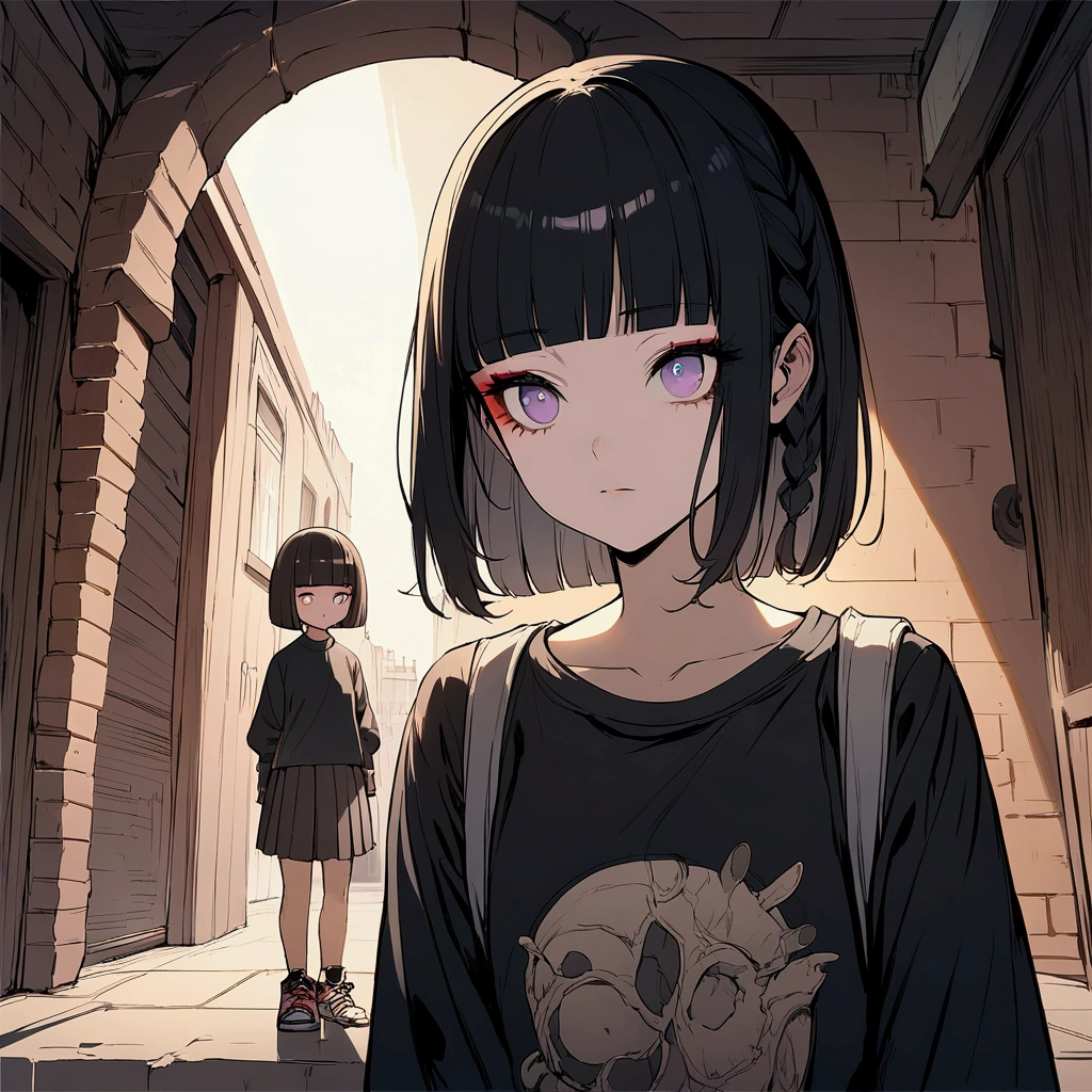 super fine illustration,(((beautiful fine hair))),(((beautiful fine face))),(((beautiful fine background))),Bobcut、Black Hair、Blunt Bangs、PC in the room、Horizontal composition、Step Piece、Highest quality、Best illustration、Super detailed、girl、Black Shirt、Pleated skirt、Side braided hair、crazy、standing with an eerie feeling、Ruined Background、Unusual sneakers、Eyeshadow on eyes、Unusual eye color、Eyes of Terror、Bright eyes、Cool Shot
