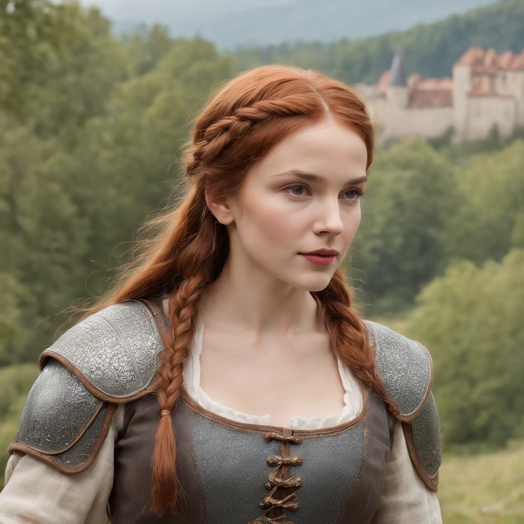 (realisitic, ultra quality, fot) 1womanl, Caucasian skin, red hair in a braid, sharp nose, thin face, thick lips, like you&#39;re screaming, medium breasts, lightbrown eyes, Waist slender, legs thick. (Dressed in the outfit of a medieval warrior, Chain mail, holding a small sword in his right hand, with a backdrop of a medieval village in the background and a castle in the background.