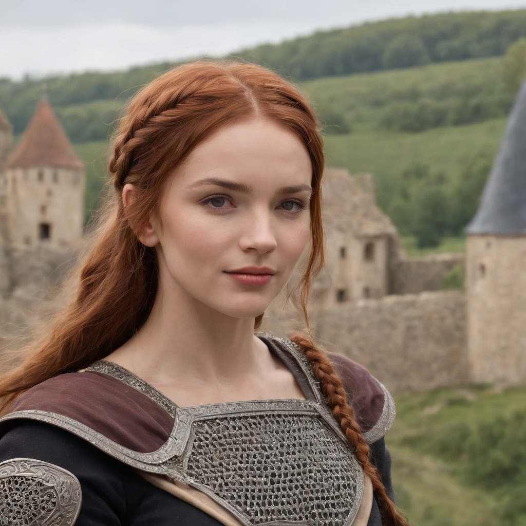 (realisitic, ultra quality, fot) 1womanl, Caucasian skin, red hair in a braid, sharp nose, thin face, thick lips, like you&#39;re screaming, medium breasts, lightbrown eyes, Waist slender, legs thick. (Dressed in the outfit of a medieval warrior, Chain mail, holding a small sword in his right hand, with a backdrop of a medieval village in the background and a castle in the background.