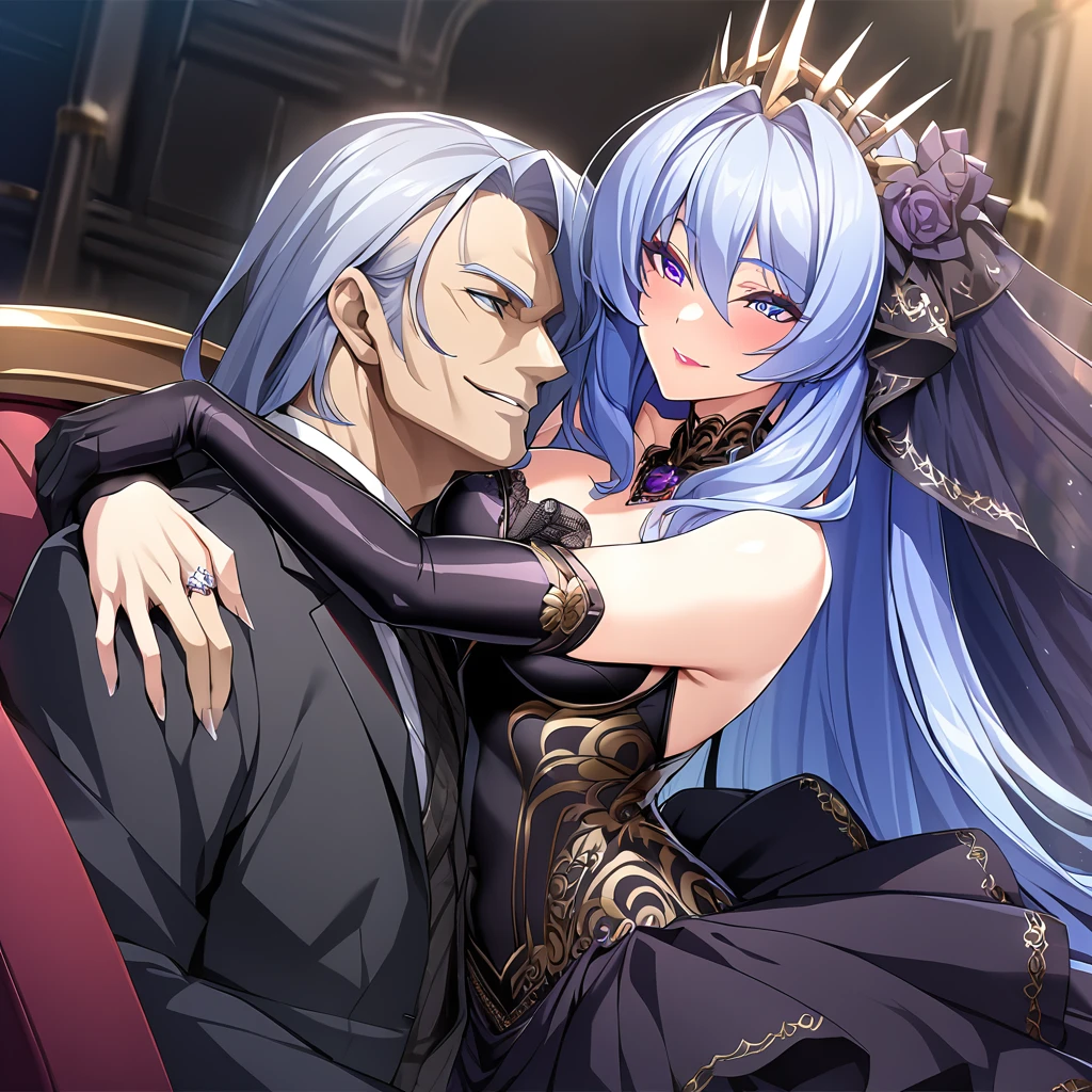 A man and a woman sitting on the bed, a thin man, the man is wearing white pajamas, lewd expressions, villains, women are dressed very revealingly, only show the upper body (super complex details), (super detailed CG: 1.2), anime art style,