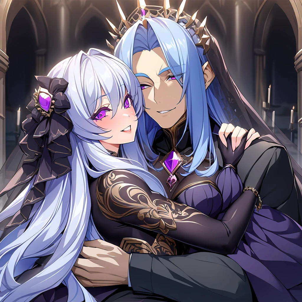 ((Highest quality)), ((masterpiece)), (detailed), (Perfect Face)、The woman is the evil queen, Extia, with medium-long blue hair, wearing a gorgeous black wedding dress with gold embroidery and trim, a black wedding veil, an engagement ring, luxurious accessories, lipstick and makeup, and is an elegant and beautiful evil queen who is hugging and kissing a man with a big, happy smile on her face.、、The man is the evil king, Naioro, a strong, handsome man with medium-long silver hair, wearing a luxurious black bodysuit with gold embroidery and trim, and embracing a woman.、The woman is happily getting married in a posh church belonging to an evil organization.