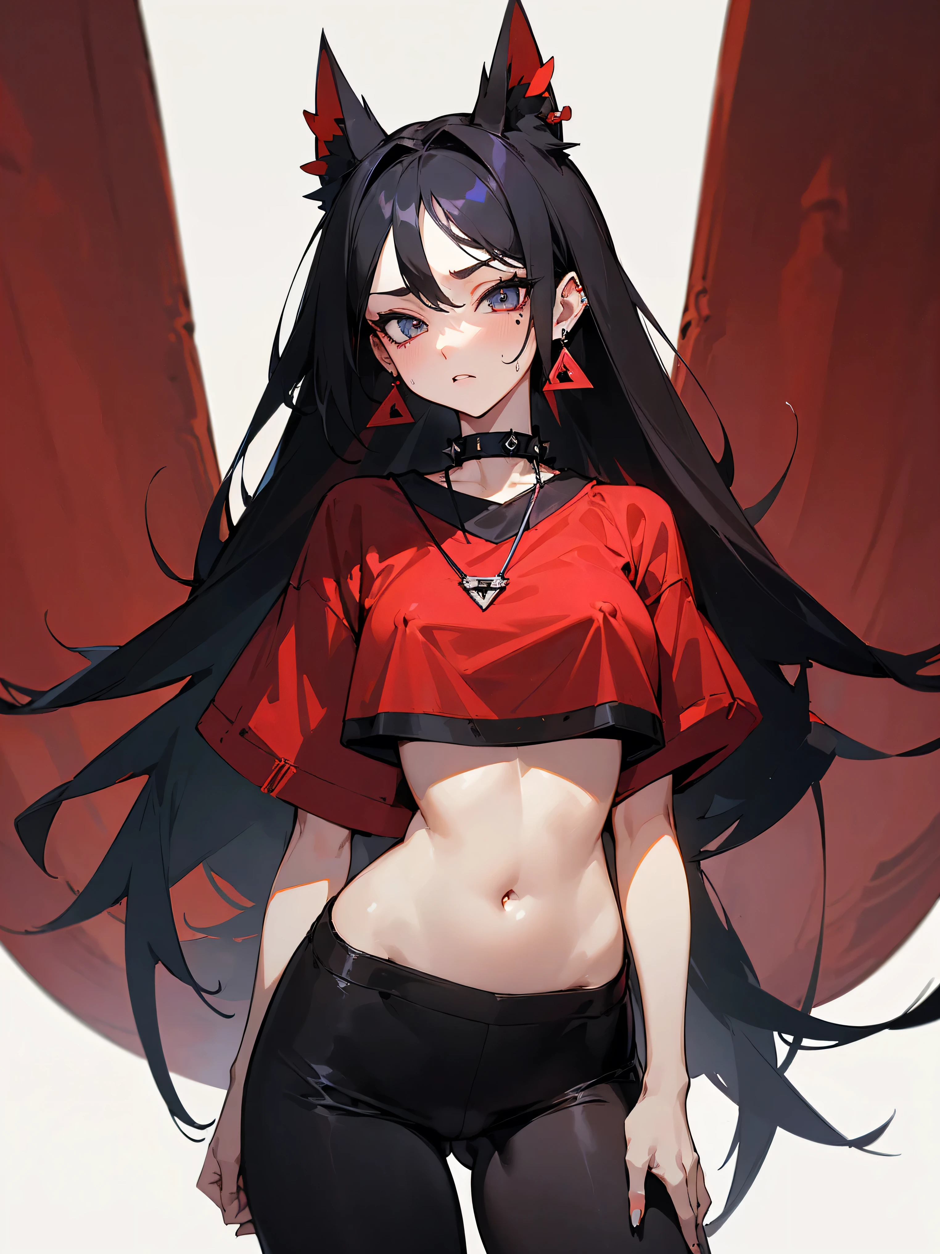 ((Long Straight Black hair)), Perfect face, Choker, Punk earrings, ((Tall)), ((High Quality)), Necklace, ((Mature)), Pretty Eyes, Sharp Nails, Bangs, ((1 Girl)), ((Multiple Earrings)), 1 girl, Spiky Earrings, Adult, Spiked Collar, Thin Eyelashes, Plain Background, Red Colors in Background, Shark Girl, Long Tail, Large Tail, Massive Tail, Shark Tail, ((Sweatpants)), ((Loose Crop Top)), Close Up, Very Short Mini Skirt, Tall, Long Legs, Dynamic Pose, Black Tail, 2 moles under left eye, Wide Hips, Pantyhose, Vibrant Colors, Close Up, Sexy, Suggestive, Sexually Suggestive, NSFW, Naked, Nipples, Vagina, Horny,