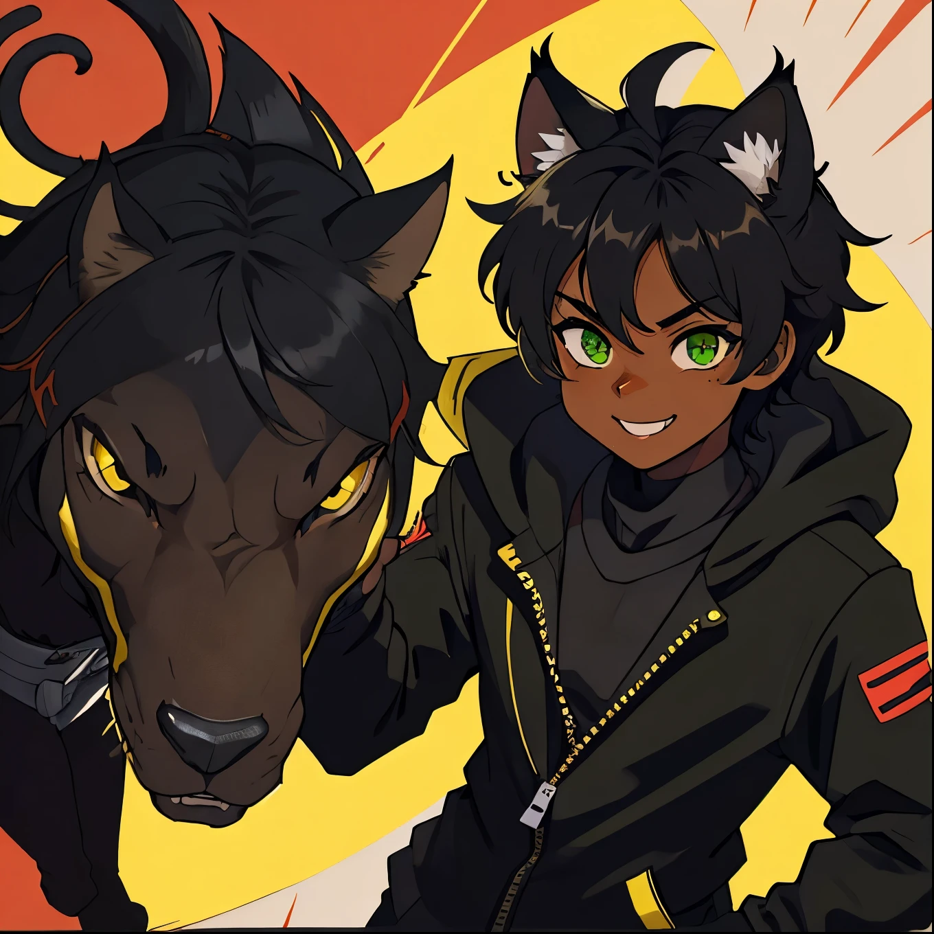 ultra detailed, best quality, finely detail, anime boy, neko, 1 boy, male, black hair, medium hair, messy spiky hair, volumous messy hair, black fur jacket, black clothes, cat ears, animal ears, black feline tail, black shorts, smile, relaxed expression, happy smile, anime smile, hood around the neck extremely large,green eyes, yellow pupils, extremely detailed eyes, red nose, dark skin,
