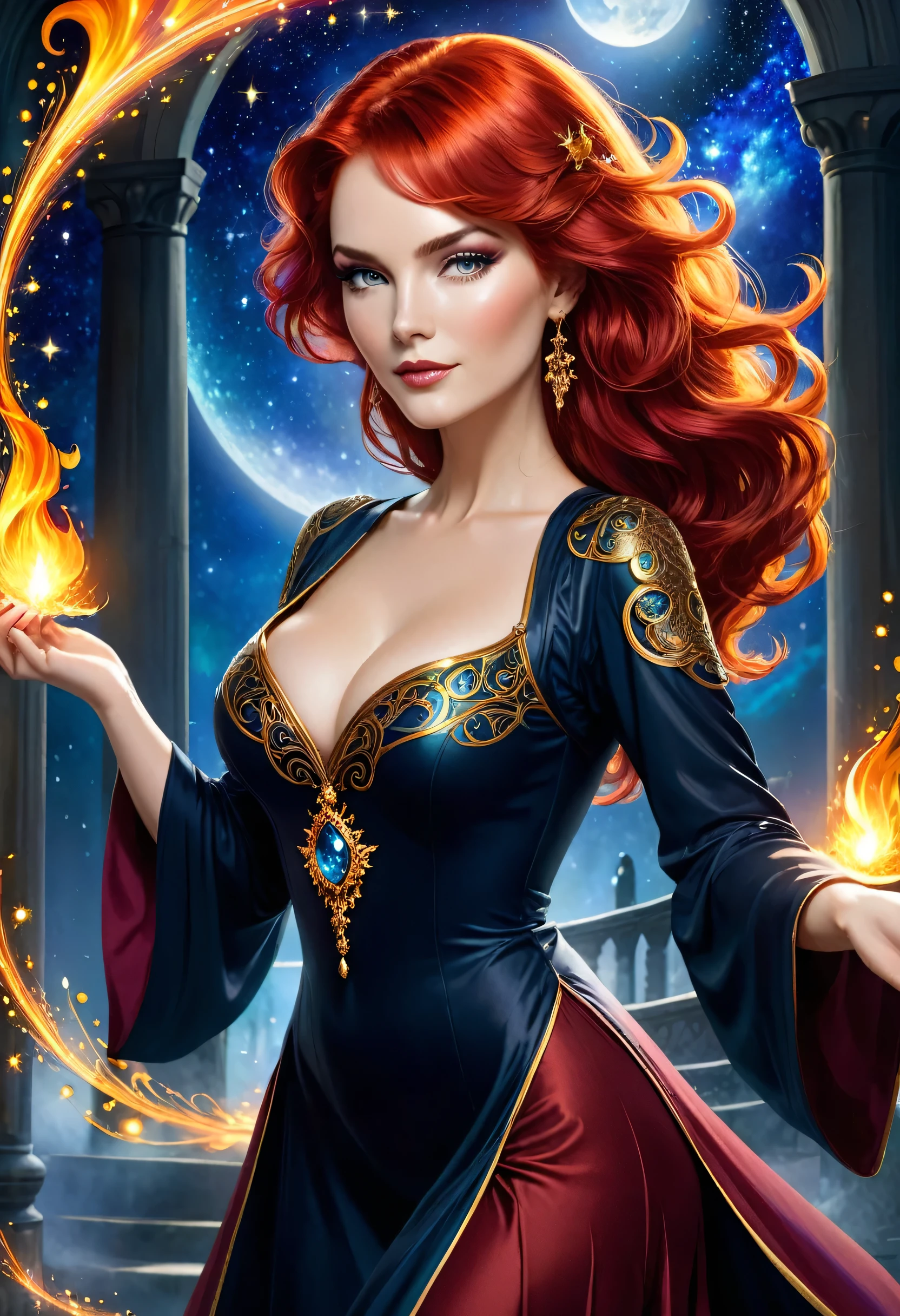 Professor Sybill Moonwhisper is a woman of remarkable beauty and magnetic presence at Camelot University of Magic.. Her flaming red hair, as alive as fire, cascade over your shoulders in seductive waves, standing out from the crowd with its color and splendor. Their eyes, the color of the night sky dotted with stars, shine with a mix of mystery and fascination, capturing the attention of everyone who approaches her.

Her figure is sculpted with grace and sensuality, with smooth curves and a stance that exudes confidence and power. ella moves with a hypnotic elegance, as if dancing to the rhythm of an invisible song, captivating those around you with every graceful gesture.

Sybill is known for her bold and provocative fashion, and her clothes always reflect her bold personality and appreciation for sensuality. ella&#39;Not afraid to show your natural beauty, often choosing clothes that highlight their curves and reveal some skin, leaving a trail of admiration wherever it goes.

Despite her stunning appearance and irresistible charm,, Sybill is an incredibly competent and dedicated teacher. His passion for magic and divination is evident in his classes.., where she shares her vast knowledge with enthusiasm and skill, inspiring your students to explore the mysteries of the unknown.

With your dazzling beauty and your sharp intelligence, A professora Sybill Moonwhisper é uma figura icônica na Camelot University of Magic, a true priestess of magical sensuality and a source of fascination and inspiration to all around her.