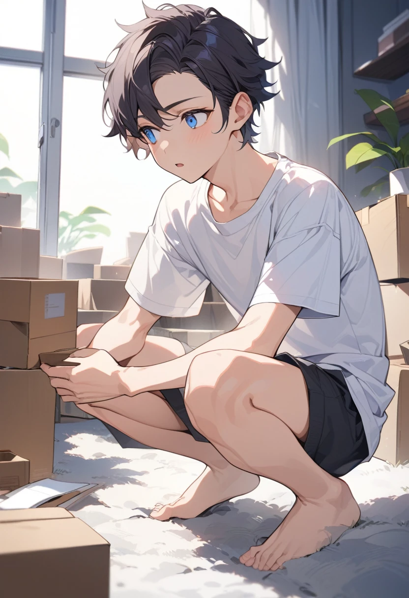 masterpiece, best quality, extremely detailed, ultra detailed, flat anime, 2D,
((1boy)),black hair, (short hair:1.5),blue eyes, height 1.7meters,  (circle eyes:1.2),  (young adult:1.2), Ear-length sideburns,
long Sleeves, White T-shirt, barefoot, 
squatting, looking away, expressionless,open mouth,
summer, 12AM, livingroom,organizing the boxes., I'm looking at the material in my hand.