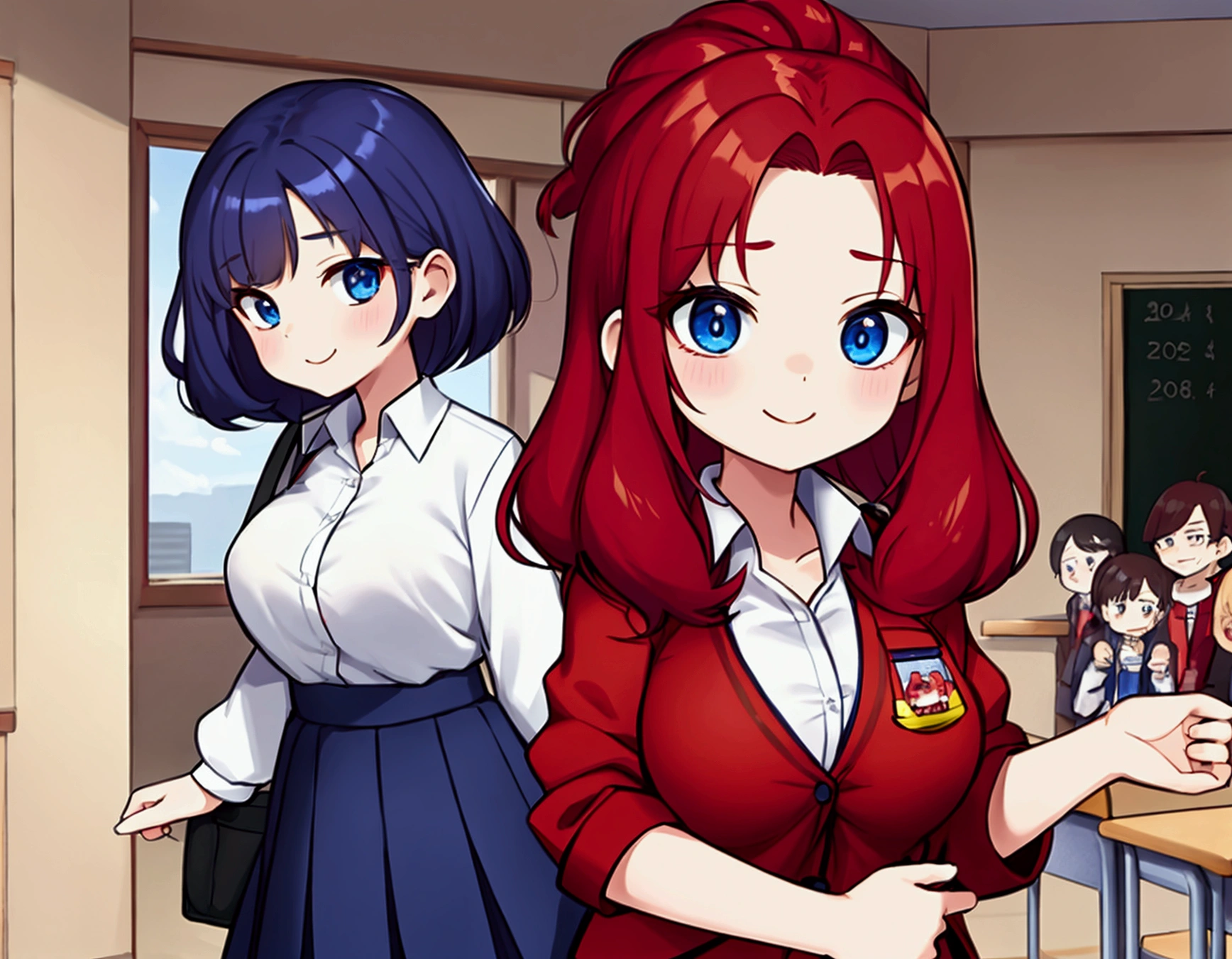 Big breasts, red hair, blue eyes, droopy eyes, red jacket, long sleeves, navy skirt, elementary school student, super big breasts, (medium hair: 1), baggy clothes, elementary school student, young face, short height, 10 years old, old, shy Agari, smiling a little, trying to unbutton his shirt in the classroom, white shirt, soft hair.