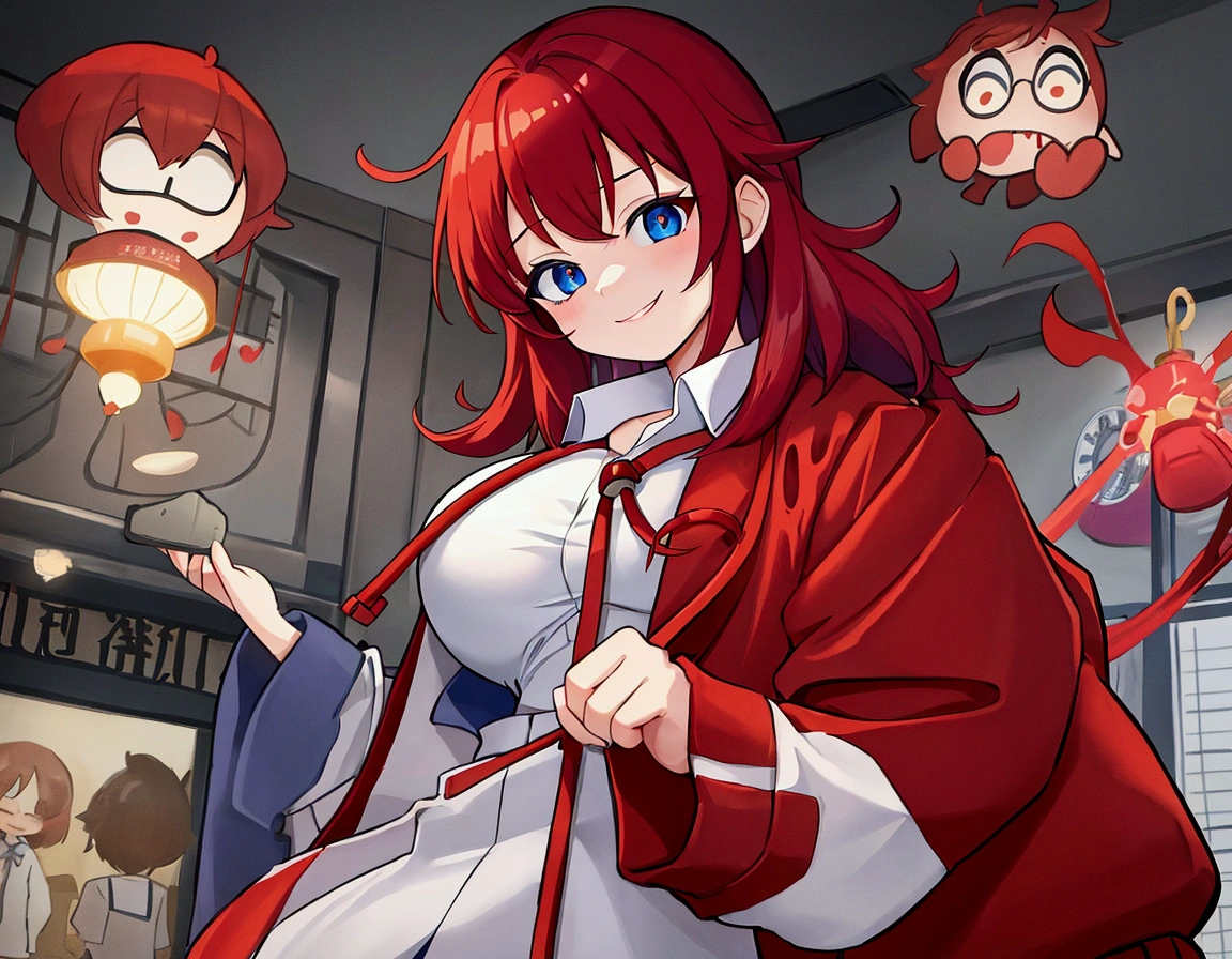 Big breasts, red hair, blue eyes, droopy eyes, red jacket, long sleeves, navy skirt, elementary school student, super big breasts, (medium hair: 1), baggy clothes, elementary school student, young face, short height, ************, old, shy Agari, smiling a little, trying to unbutton his shirt in the classroom, white shirt, soft hair.