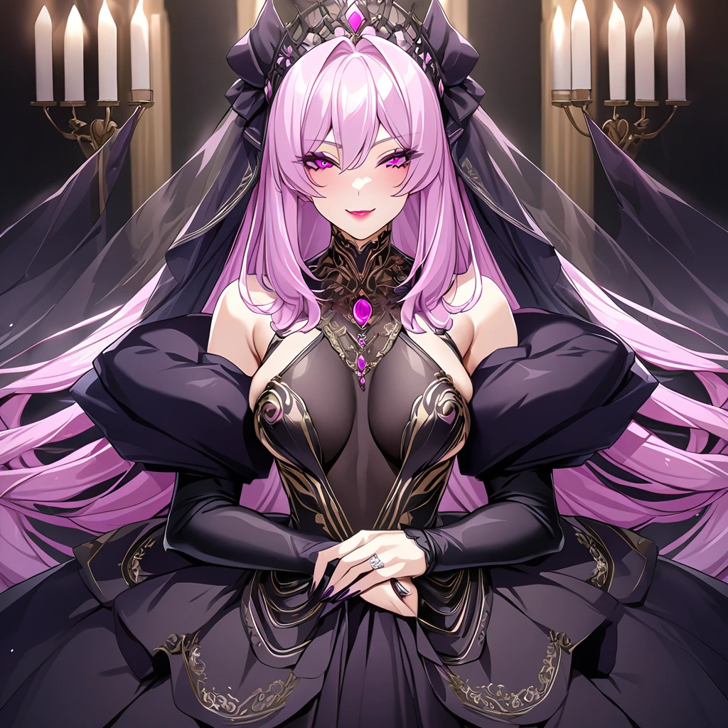 ((Highest quality)), ((masterpiece)), (detailed), (Perfect Face)、The woman is the evil queen Luxria, with medium-long pink hair, a gorgeous black wedding dress with gold embroidery and trim, a black wedding veil, an engagement ring, gorgeous accessories, lipstick and makeup, and a dignified, beautiful evil queen.、The woman is happily getting married in a posh church belonging to an evil organization.