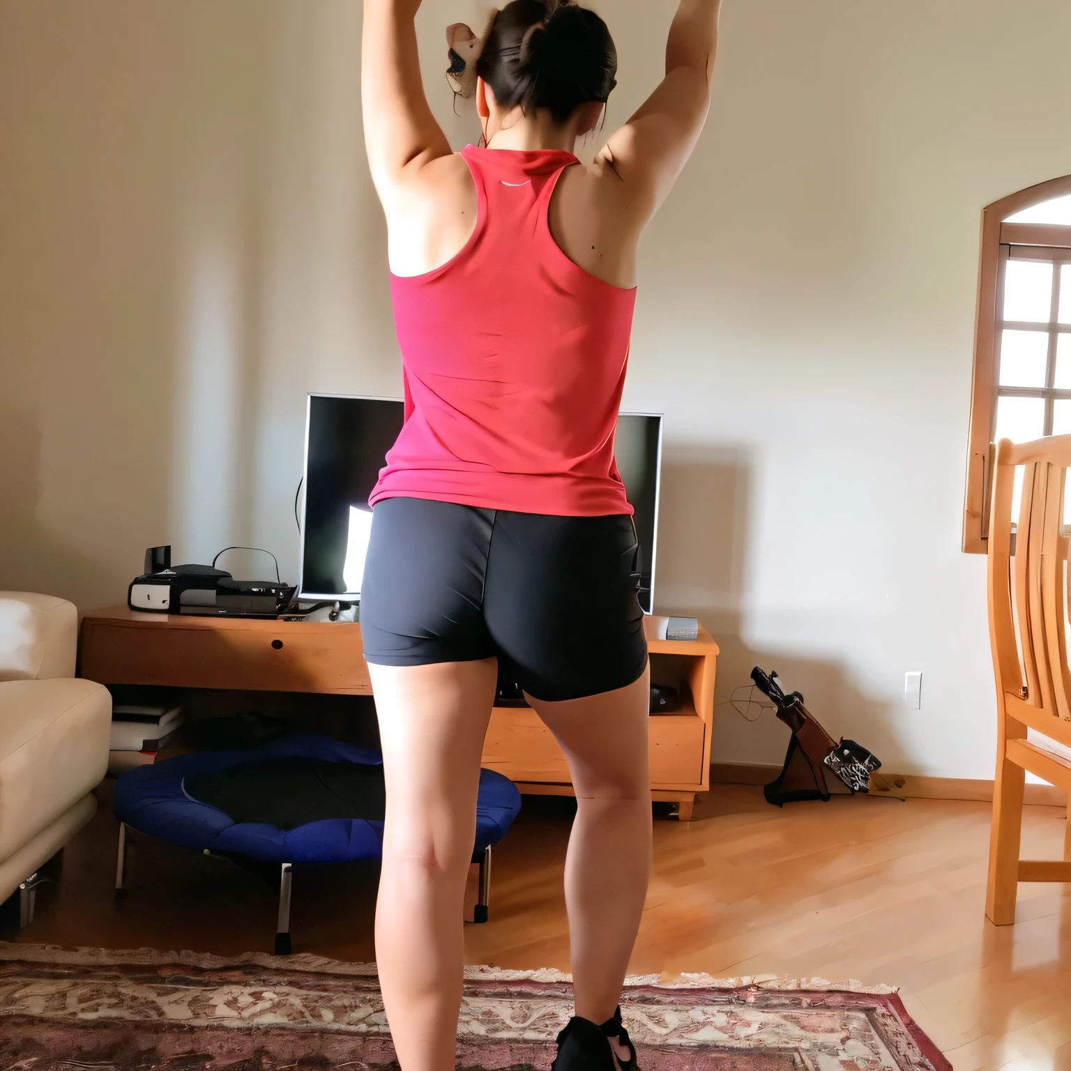 there is a woman in a pink top and blue shorts playing wii, sport bra and shorts, back pose, backview, backshot, back arched, sport bra and dark blue shorts, from back, toned derriere, middle shot waist up, back shot, back - shot, rear-shot, long shot from back, from the back