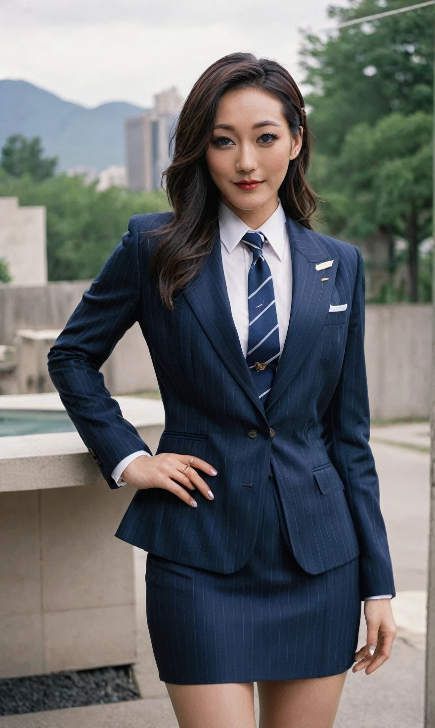 a beautiful picture of fukuharaXL ,woman,detailed skin texture,masterpiece, photorealistic, light, RAW color photo,(fully in frame:1.1), (blush:0.5), (goosebumps:0.5),(((navy pinstripe silk skirt suit))), (((three-piece suit))), (((light blue dress shirt with white collar))), (((necktie))), (((blazer))), (((suit jacket))), ((waistcoat)), double-breasted waistcoat, (((bodycon miniskirt))), pocket square, cufflinks, tie clip,detailed face,outdoors, (smile:0.5), film grain,cinematic lightning,fujifilm ,detailed eyes,camera, smile, office background, hair down, makeup, lipstick, mascara, eyeliner, eyeshadow, silky glossy hair, high heels, pinup pose, slender figure