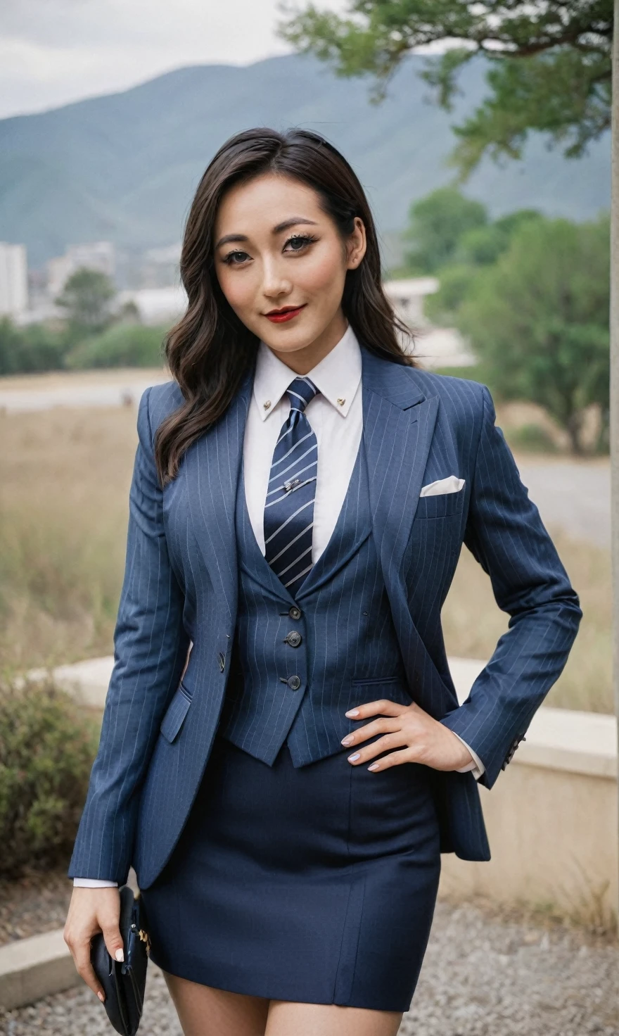 a beautiful picture of fukuharaXL ,woman,detailed skin texture,masterpiece, photorealistic, light, RAW color photo,(fully in frame:1.1), (blush:0.5), (goosebumps:0.5),(((navy pinstripe silk skirt suit))), (((three-piece suit))), (((light blue dress shirt with white collar))), (((necktie))), (((blazer))), (((suit jacket))), ((waistcoat)), double-breasted waistcoat, (((bodycon miniskirt))), pocket square, cufflinks, tie clip,detailed face,outdoors, (smile:0.5), film grain,cinematic lightning,fujifilm ,detailed eyes,camera, smile, office background, hair down, makeup, lipstick, mascara, eyeliner, eyeshadow, silky glossy hair, high heels, pinup pose, slender figure