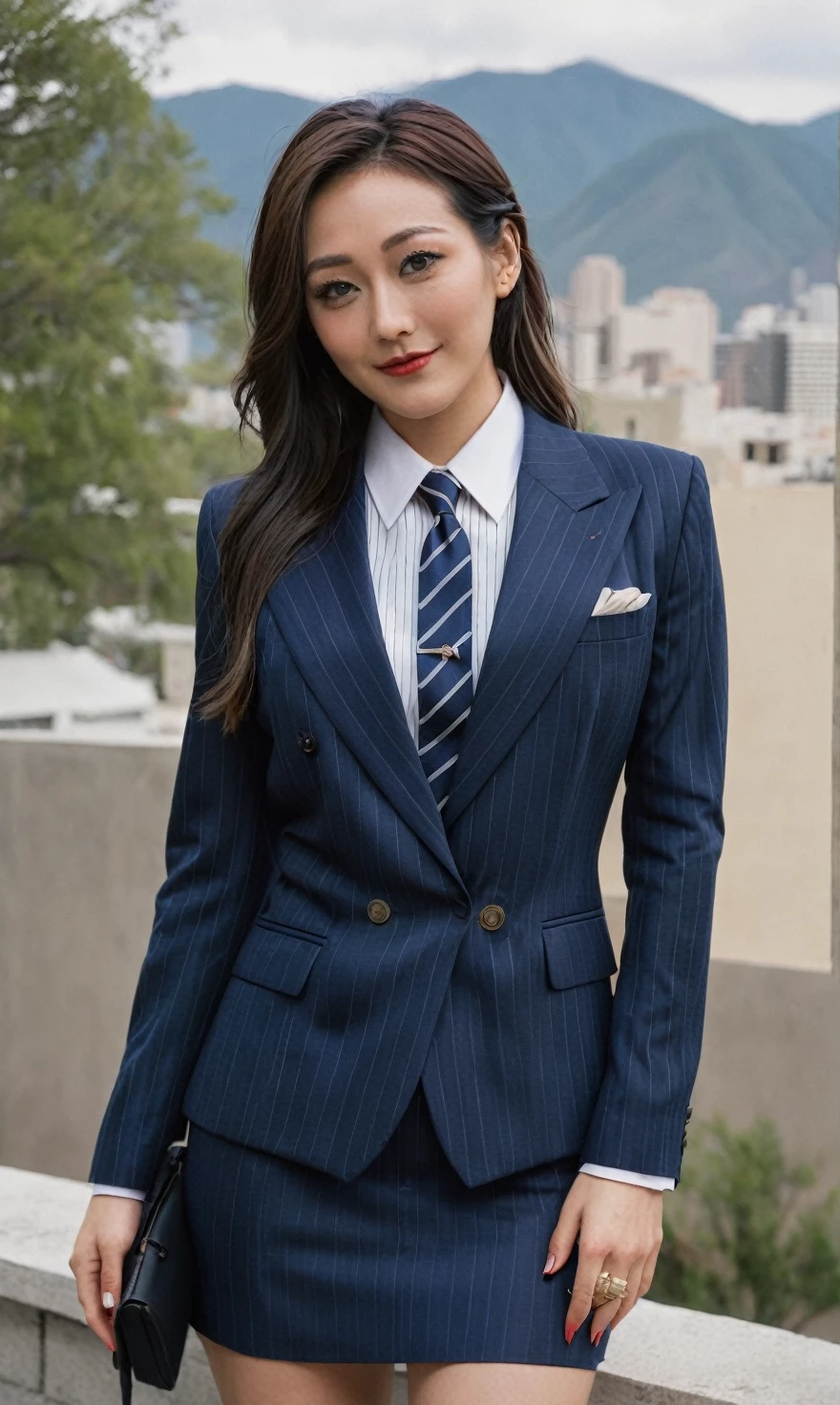 a beautiful picture of fukuharaXL ,woman,detailed skin texture,masterpiece, photorealistic, light, RAW color photo,(fully in frame:1.1), (blush:0.5), (goosebumps:0.5),(((navy pinstripe silk skirt suit))), (((three-piece suit))), (((light blue dress shirt with white collar))), (((necktie))), (((blazer))), (((suit jacket))), ((waistcoat)), double-breasted waistcoat, (((bodycon miniskirt))), pocket square, cufflinks, tie clip,detailed face,outdoors, (smile:0.5), film grain,cinematic lightning,fujifilm ,detailed eyes,camera, smile, office background, hair down, makeup, lipstick, mascara, eyeliner, eyeshadow, silky glossy hair, high heels, pinup pose, slender figure