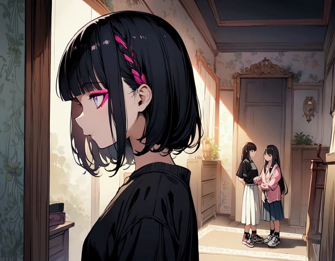 profile、super fine illustration,(((beautiful fine hair))),(((beautiful fine face))),(((beautiful fine background))),2人のgirl、Bobcut、Black Hair、Blunt Bangs、PC in the room、Horizontal composition、Step Piece、Highest quality、Best illustration、Super detailed、girl、Pink Rose Long Hair、Black Shirt、Pleated skirt、Side braided hair、crazy、standing with an eerie feeling、Ruined Background、Unusual sneakers、Eyeshadow on eyes、Unusual eye color、Eyes of Terror、Bright eyes、Cool Shot
