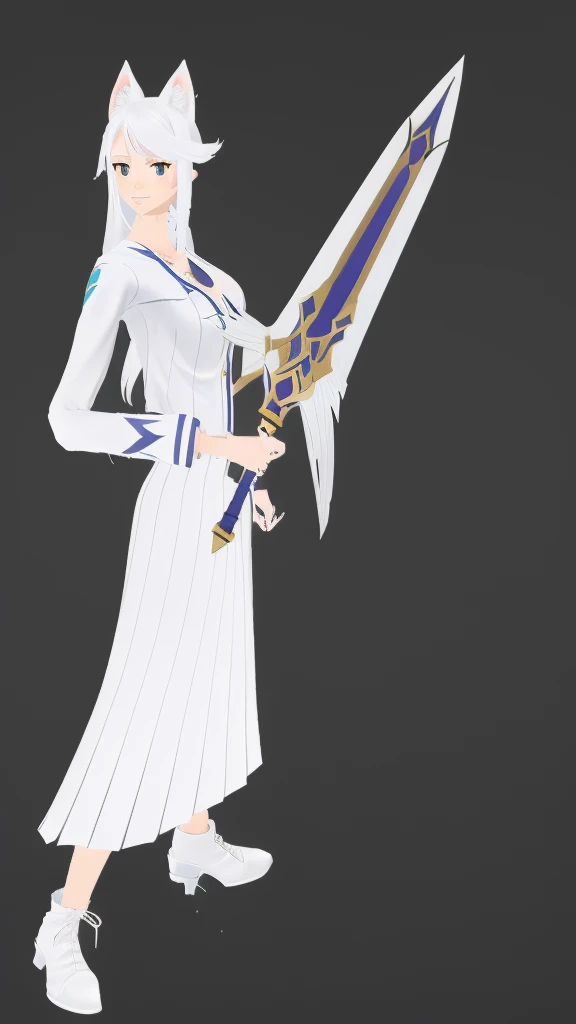 1girl ,solo,20s,mature female,white hair,long hair,fox ears,(simple background),white shirt,white skirt,smile,sword,idle pose,ssbu_roy_idle,battle pose,left handed