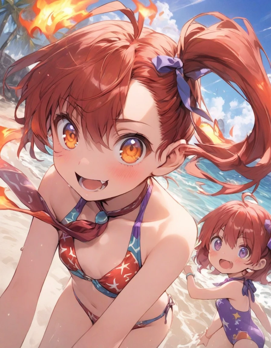 purple color scheme,sky-themed clothes made out of bikini and sky motifs..cute onepiace swimsuit,pareo,beach, red hair,, two tone hair, shiny hair, jewelry, ,, fire, dynamic angle, best quality,,,、,, ,(blooch:1.25), red scarf, ,,,red,ribbon, red hair,orange eyes,, , ahoge, antenna hair, short hair,(small breasts:1.3),,(side ponytail:1.5),