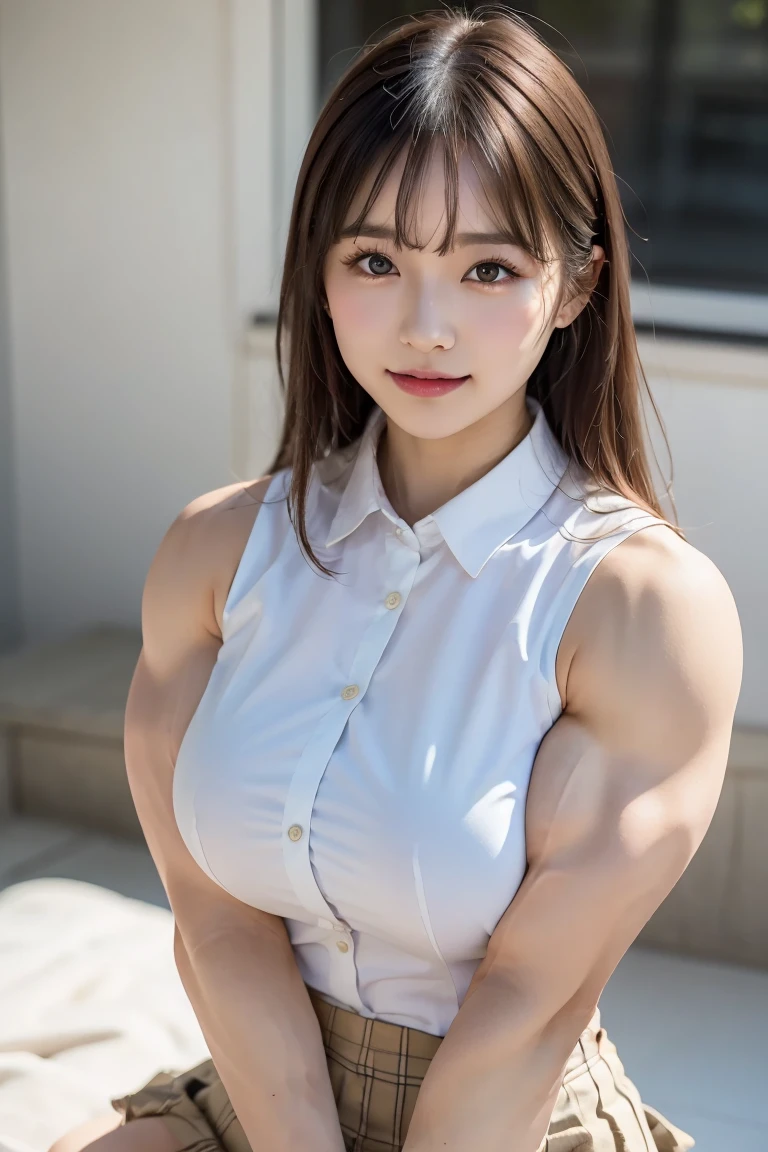 (Best quality,masterpiece,ultra detailed,8K,RAW photo,realistic,high resolution:1.2),(Pretty Japanese girl),(Super huge tits:1.4),(light brown hair),(leotard:1.4),(muscular:1.6),(shoulder length),(light smile),(huge arms:1.5)