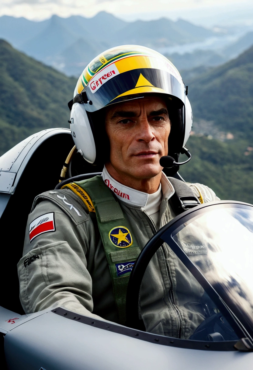 Ayrton Senna driving a Gripen F35 over the Brazilian mountains at 6pm:00 hours 