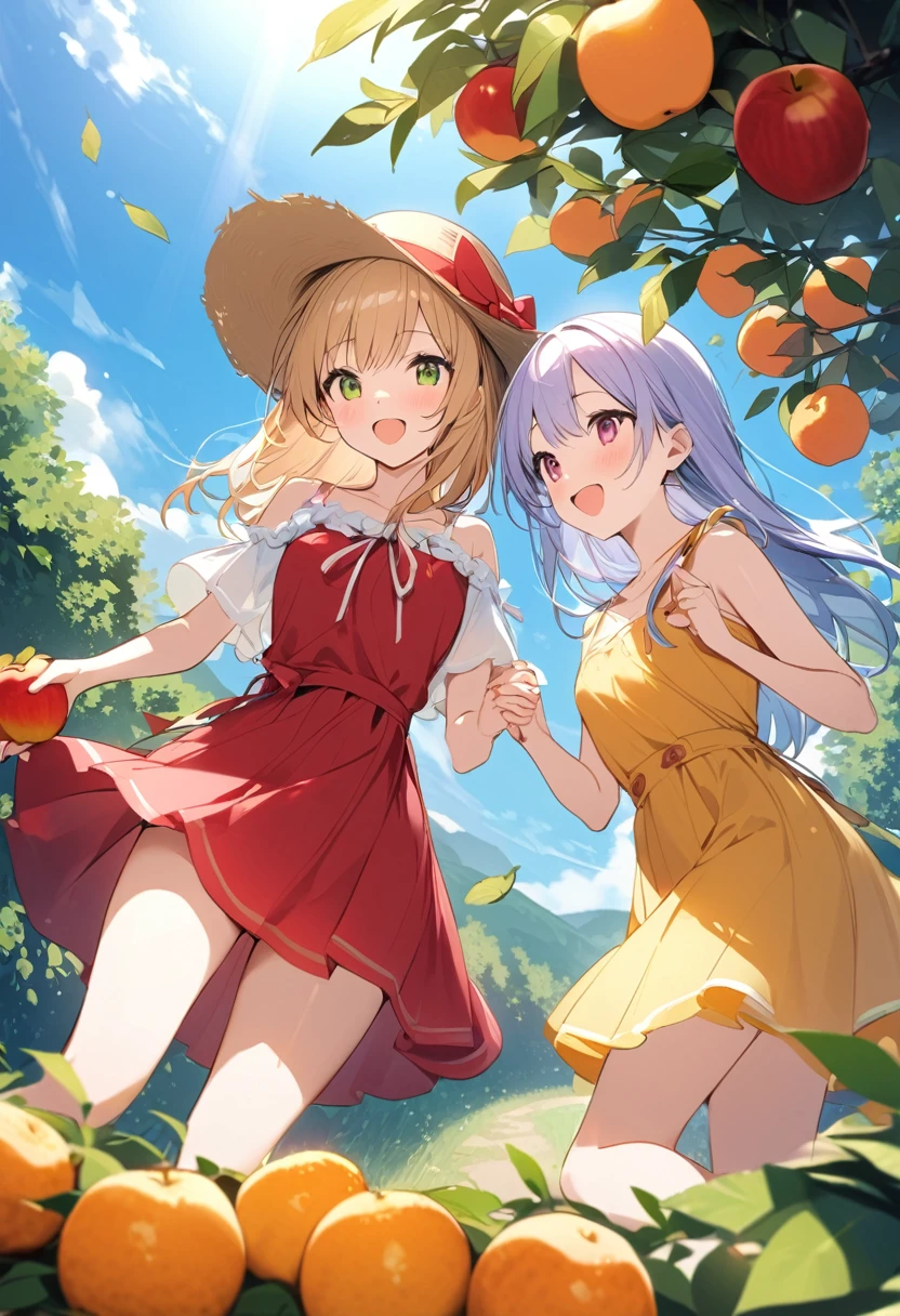 Highest quality、High resolution、Detailed Background、Beautiful face in every detail、Teenage beauty、Highly detailed face、
Light color hair、cute髪型、Fun atmosphere、A big smile、Apple、mandarin orange、peach、Grape、(Two girls enjoying fruit picking:1.5)、On top of a hill with a blue sky、wood々The sunlight shines through、I found some ripe red fruit.、Holding hands with friends、wood登りして高い枝から、甘い香りのGrapeを摘む、
A fun time filled with smiles、Summer memories: Fruit picking、Under the blue sky、Run around、Apple、mandarin orange、peachを集めた、I had a great time、A memorable summer day、
A flared dress made of lightweight material、Flat sandals、Caps and hats、The color is red, reminiscent of fruit.、yellow、orange、Green etc.、cute
