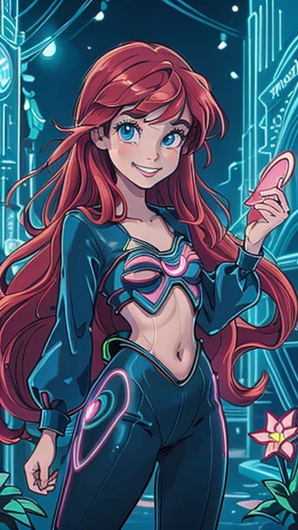 best quality,masterpiece,1girl,solo,(((13years old))),japanese girl,an extremely cute and handsome girl,highly detailed beautiful face and eyes,petit,cute face,lovely face,baby face,shy smile,show teeth, red hair,long hair,flat chest,skinny,slender,(((wearing a Ariel costume))),(((standing in Dark Midnight Neon Glow light Disneyland))),he is looking at the viewer,