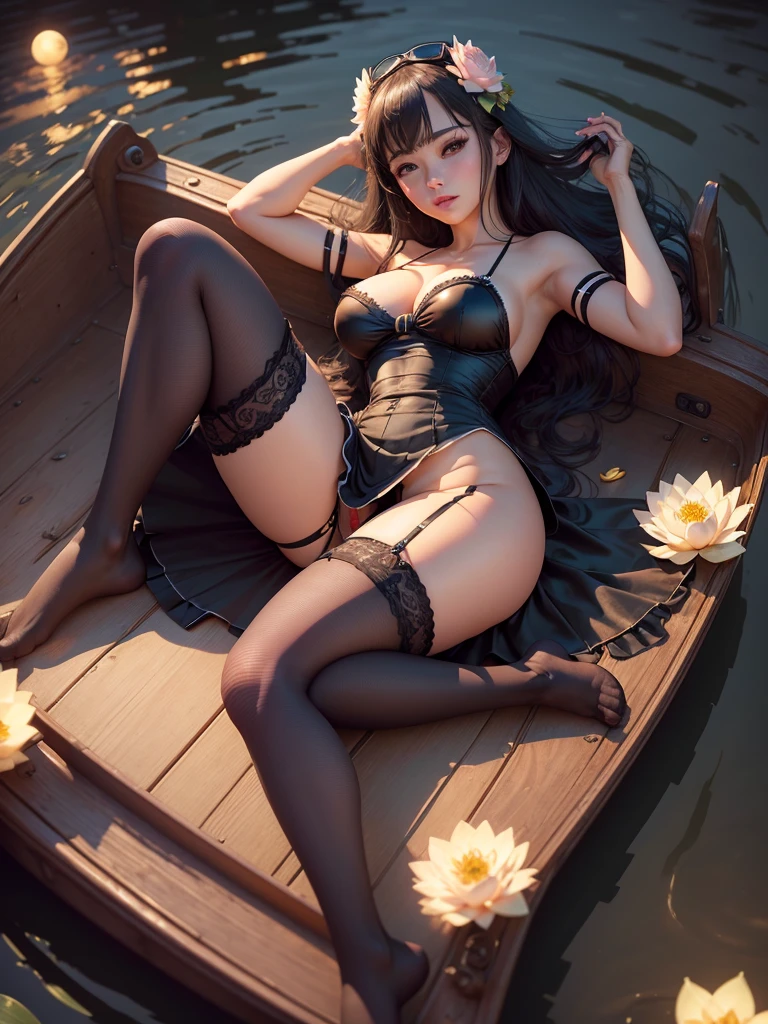 (high quality, 8k, original character), (fact: 1.5), (masterpiece, 最high quality, High resolution: 1.2), girl, summer night, (Stockings Smooth texture: 1.5), Sexy skirt, Delicate eyes, Delicate image, boat, river, To the camera, Behind her is a large lotus flower., moonlight, Wind, fire Fly