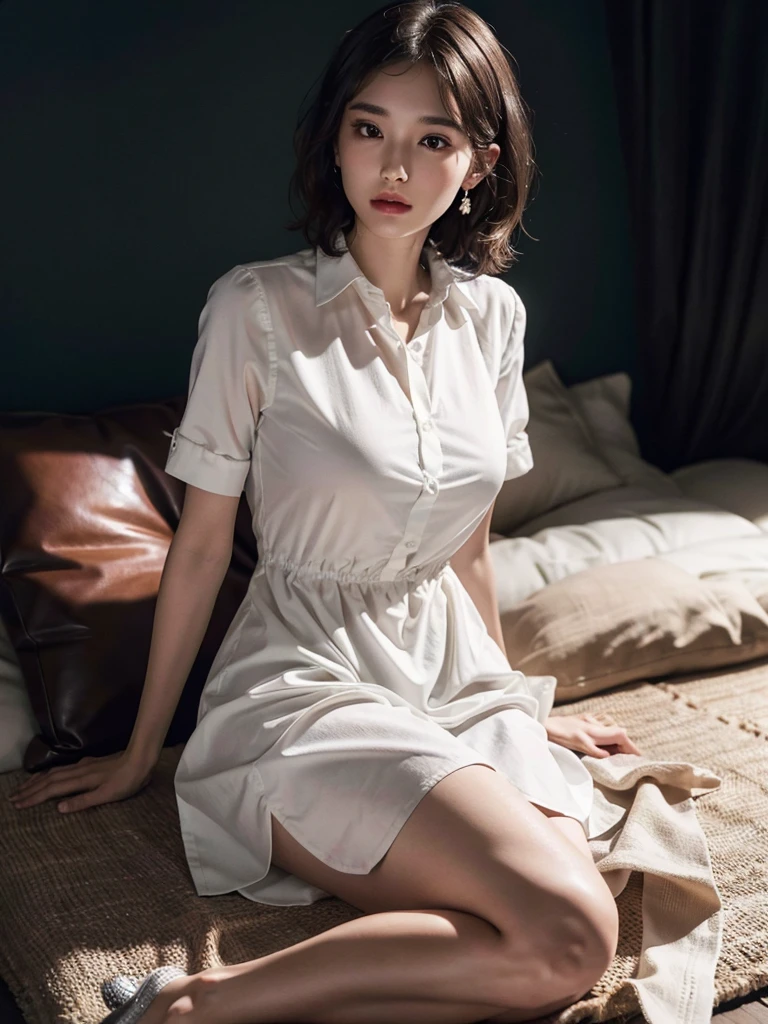 absurdres, RAW photo, extremely delicate and beautiful, masterpiece, Best Quality, ultra high resolution, 16k, hyperrealistic, ultra-detailed, perfect anatomy, perfect figure, super Detailed skin, Very detailed CG 8k wallpaper, in her 20s, very Slim body, narrow waist, very small head, very small face, delicate facial features, tearful mole, earring, thin legs, (very huge round breasts:1.2), (full body shot:1.3), (1 girls:1.3), short hair, (wavy hair:1.1), (collared shirt dress:1.3), open legs,