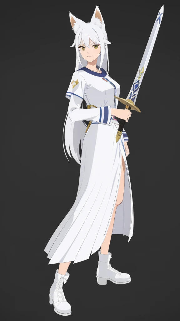 1girl ,solo,20s,mature female,white hair,long hair,fox ears,(simple background),white shirt,white skirt,smile,sword,idle pose,battle pose,left handed