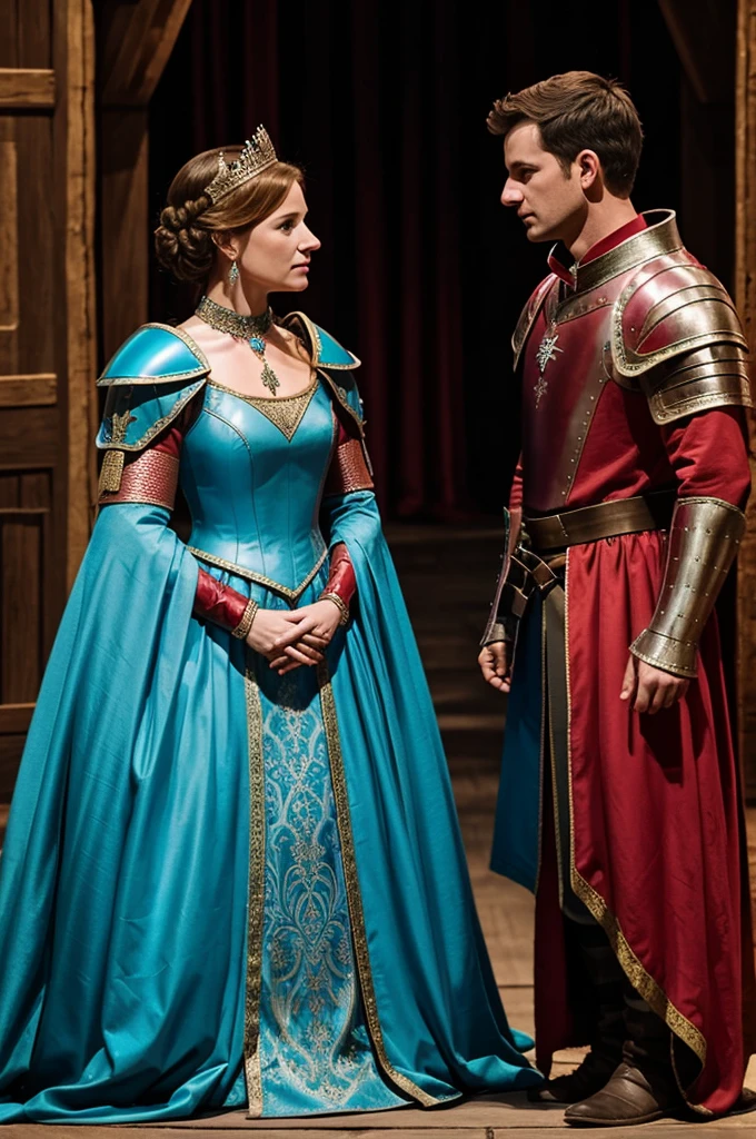 Setting set in medieval times.
An adult queen dressed in red armor, another adult queen dressed in blue armor, another adult queen wearing turquoise colored armor.