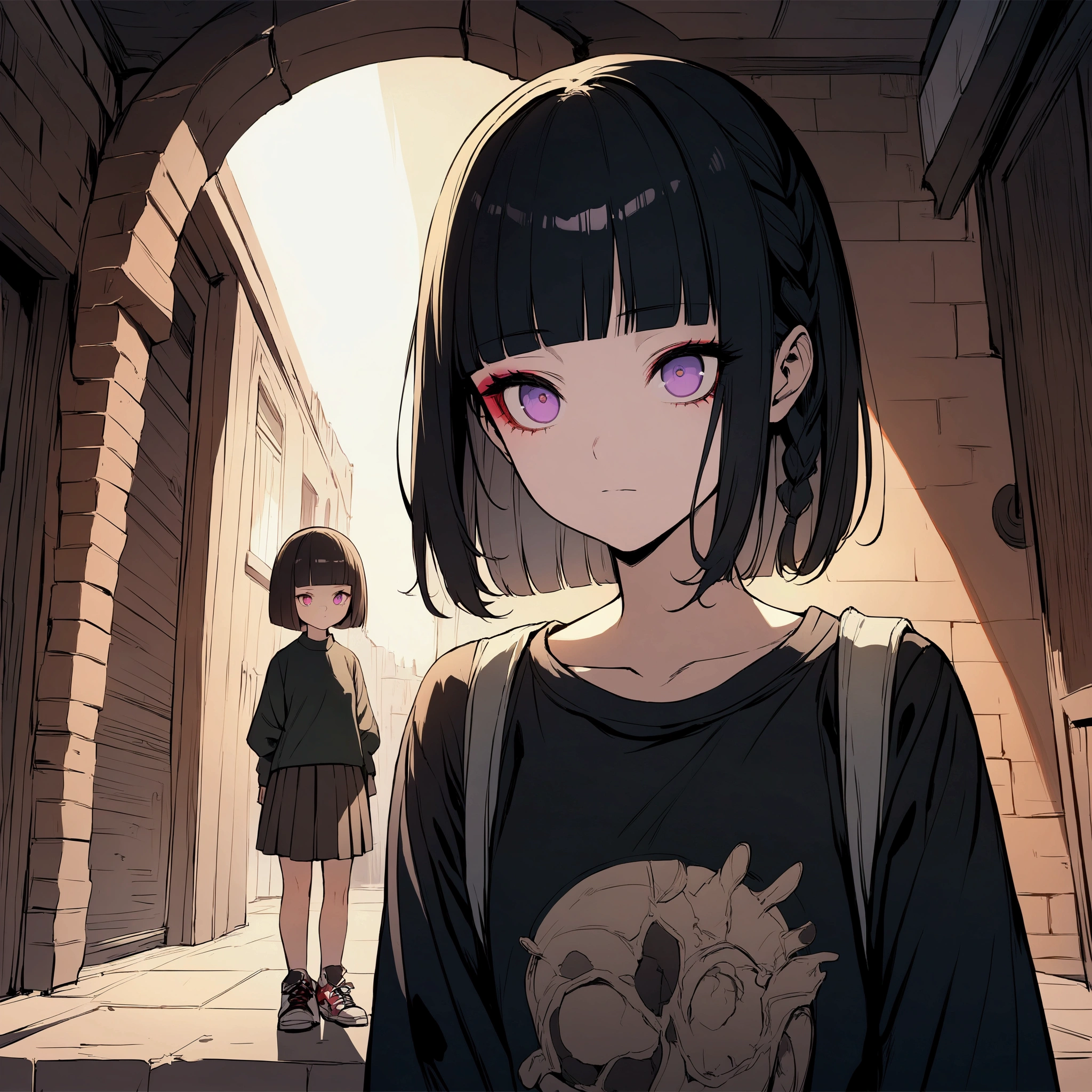 super fine illustration,(((beautiful fine hair))),(((beautiful fine face))),(((beautiful fine background))),Bobcut、Black Hair、Blunt Bangs、PC in the room、Horizontal composition、Step Piece、Highest quality、Best illustration、Super detailed、girl、Black Shirt、Pleated skirt、Side braided hair、crazy、standing with an eerie feeling、Ruined Background、Unusual sneakers、Eyeshadow on eyes、Unusual eye color、Eyes of Terror、Bright eyes、Cool Shot
