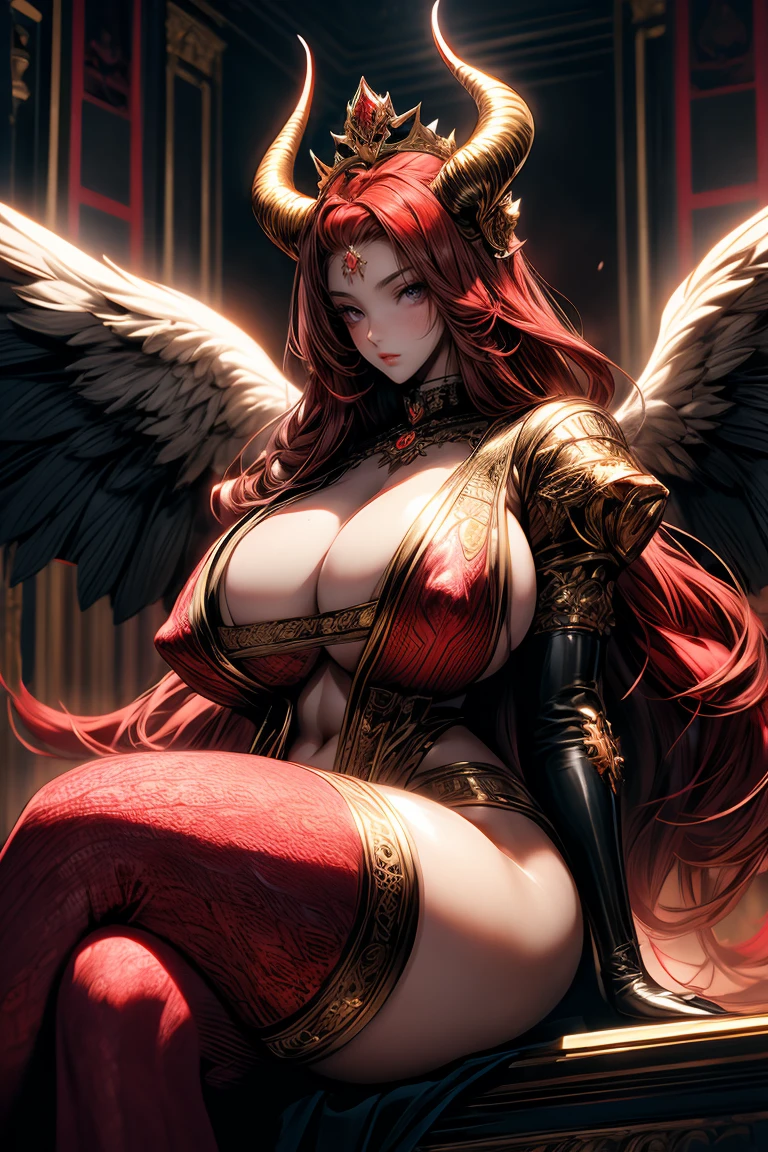 young intricate woman in royal palace, beautiful woman, long red hair, dark red hair, deep red hair, deep dark black eyes, wearing a golden crown, white skinned, with red devil horns growing from her head, red bat like wings growing from her back, sitting on a golden majestic throne, wide angle lens f/2.8, ultra insane high resolution intricate textures, texture indentation, perfect perspective, perfect geometry, ultra insane ambient lighting, ultra insane ambient shadows, wearing full pink colored clothes, sexy clothes, luminism, ultra detailed busy background, tessellation, maximalism, perfectionism, IPA Award wining masterpiece, curvy figured woman, seductive figure.
