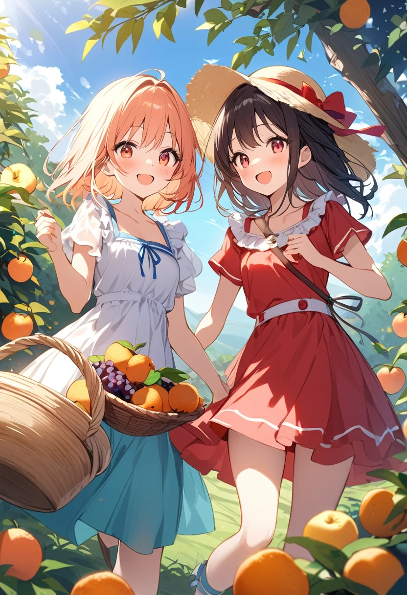 Highest quality、High resolution、Detailed Background、Beautiful face in every detail、age beauty、Highly detailed face、
Light color hair、cute髪型、Fun atmosphere、A big smile、Apple、mandarin orange、peach、Grape、(Two girls enjoying fruit picking:1.5)、On top of a hill with a blue sky、wood々The sunlight shines through、I found some ripe red fruit.、Holding hands with friends、wood登りして高い枝から、甘い香りのGrapeを摘む、
A fun time filled with smiles、Summer memories: Fruit picking、Under the blue sky、Run around、Apple、mandarin orange、peachを集めた、I had a great time、A memorable summer day、
A flared dress made of lightweight material、Flat sandals、Caps and hats、The color is red, reminiscent of fruit.、yellow、orange、Green etc.、cute