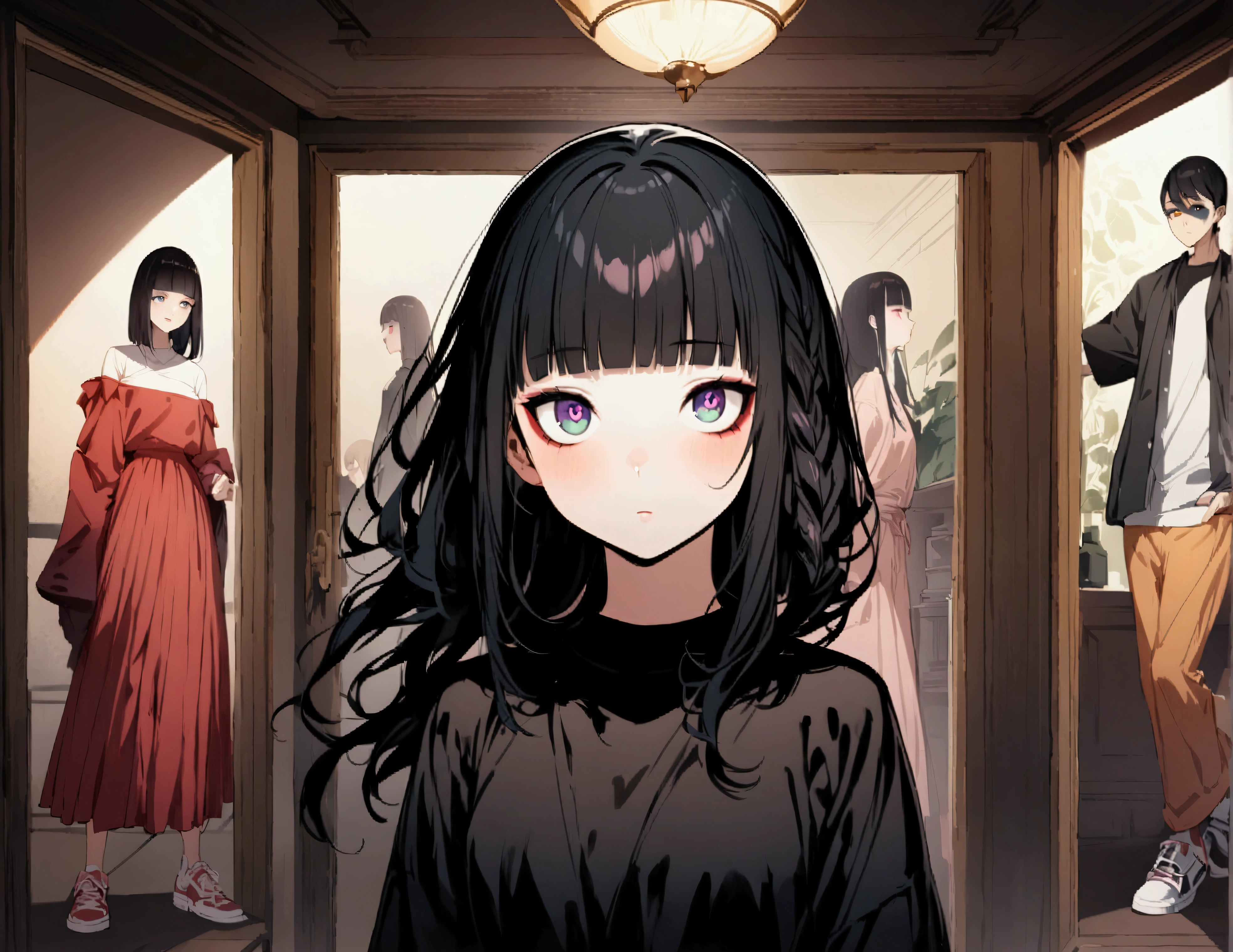 profile、super fine illustration,(((beautiful fine hair))),(((beautiful fine face))),(((beautiful fine background))),2人のgirl、Bobcut、Black Hair、Blunt Bangs、PC in the room、Horizontal composition、Step Piece、Highest quality、Best illustration、Super detailed、girl、Pink Rose Long Hair、Black Shirt、Pleated skirt、Side braided hair、crazy、standing with an eerie feeling、Ruined Background、Unusual sneakers、Eyeshadow on eyes、Unusual eye color、Eyes of Terror、Bright eyes、Cool Shot
