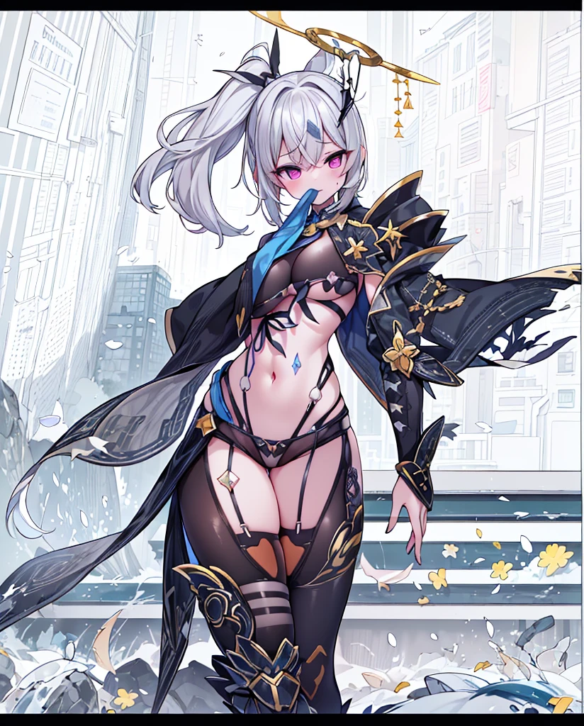 (disable censorship) Generate the same character as the image, (keep character colors), do not change character colors, Full HD, 4K, no blur, High definition, (((blowing a kiss to the spectator))), ((open clothing), (((eyes locked))), gray skin color, pantyhose, Show thighs, perfects eyes, no blemishes, no blur, へそ, niplles, large and detailed breasts, best qualityer, raytracing, face detailed, parde paper 8k, (high resolution), sensuous,