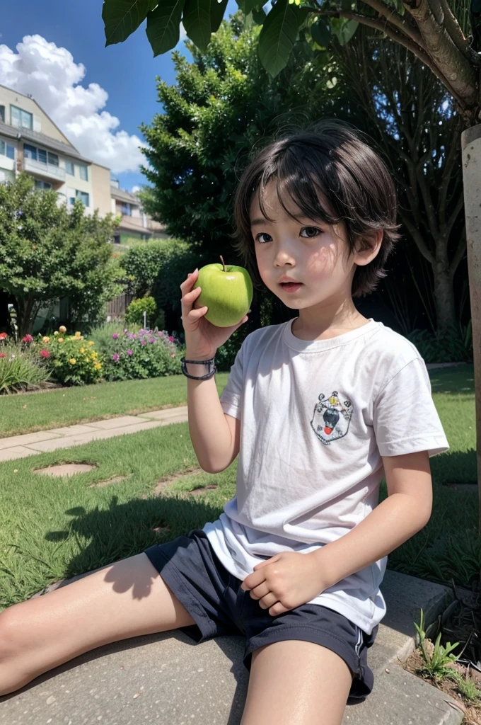 {
  "prompt": "A -yead boytting in a lush, green, and flower-filled garden. He is holding an apple in his left hand and taking a bite out of it. It is a sunny day with a rainbow in the background, and there is a black and white painted dog behind him.",
  "size": "1024x1024"
}