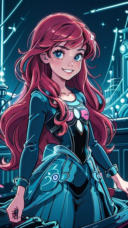 best quality,masterpiece,1girl,solo,(((13years old))),japanese girl,an extremely cute and handsome girl,highly detailed beautiful face and eyes,petit,cute face,lovely face,baby face,shy smile,show teeth, red hair,long hair,flat chest,skinny,slender,(((wearing a Ariel costume))),(((standing in Dark Midnight Neon Glow light Disneyland))),he is looking at the viewer,