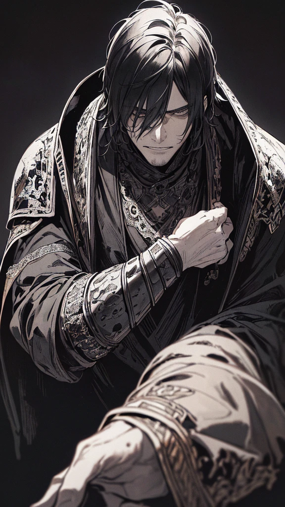 Best quality, (background_detail), high_contrast, detail_original_illustration, warrior, muscular, villain face, armored, full_body, medieval, crease between eyes, young man, man in 20s, dark_stitch_landscape, (dramatic_lighting:1. 25), (shaded_background:1.2), black_hair, (short black hair:) 1.1 ), Large figure, Delicate face, Evil smile, Sharp eyes, Black background, (Black background:1.5), Beautiful line drawing, Black and white